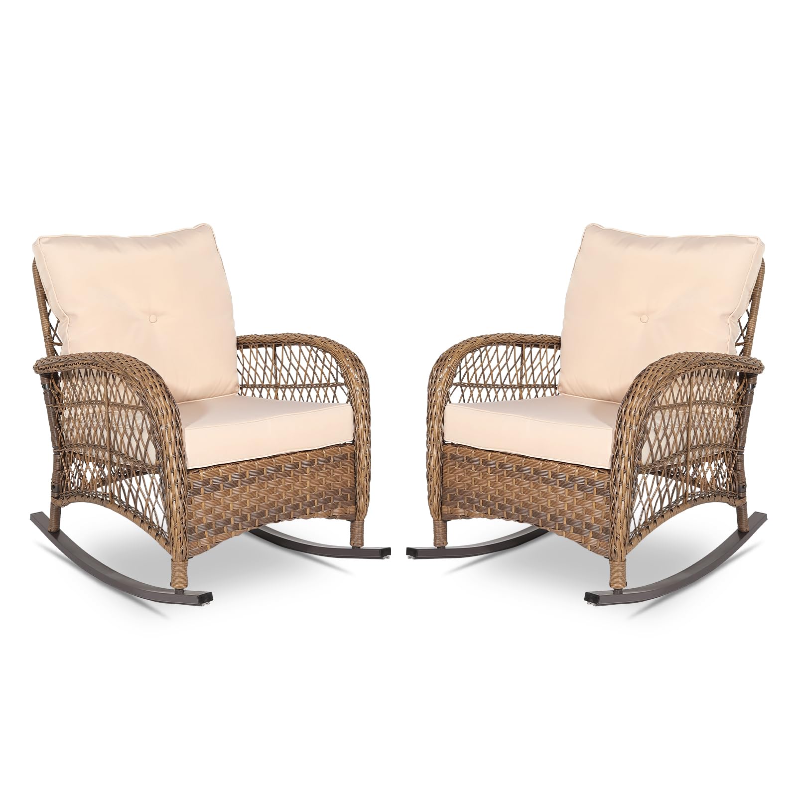 Vivijason 2 Piece Patio Wicker Rattan Rocker Chair, Outdoor Rattan Rocker Chair With Cushions & Steel Frame, All-Weather Rocking Lawn Wicker Furniture For Garden Backyard Porch (Beige)