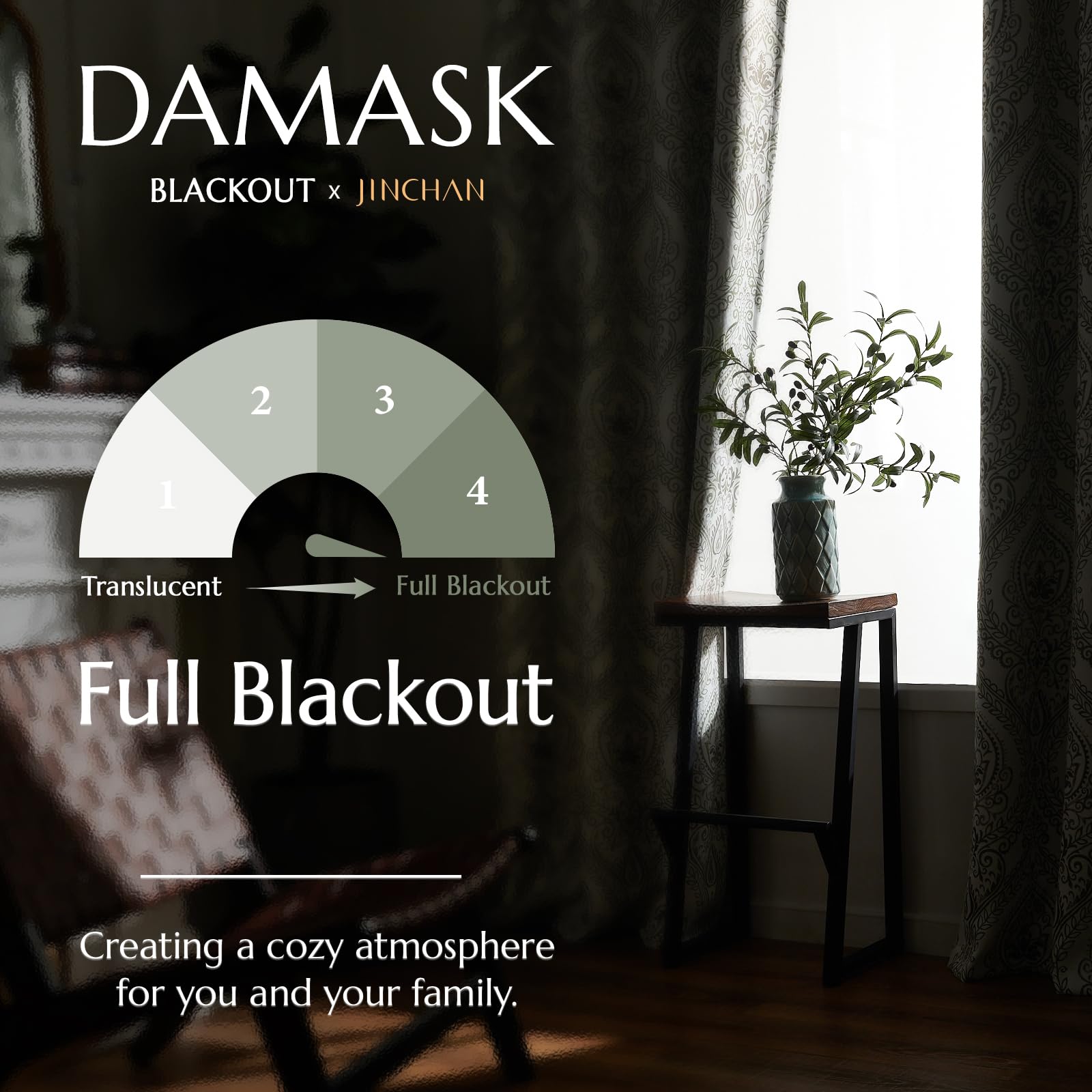 Jinchan 100% Blackout Curtains 72 Inch Length 2 Panels Green Damask Medallion Window Curtains For Bedroom Grommet Thermal Insulated Drapes For Living Room Vintage Luxury Window Treatments Set