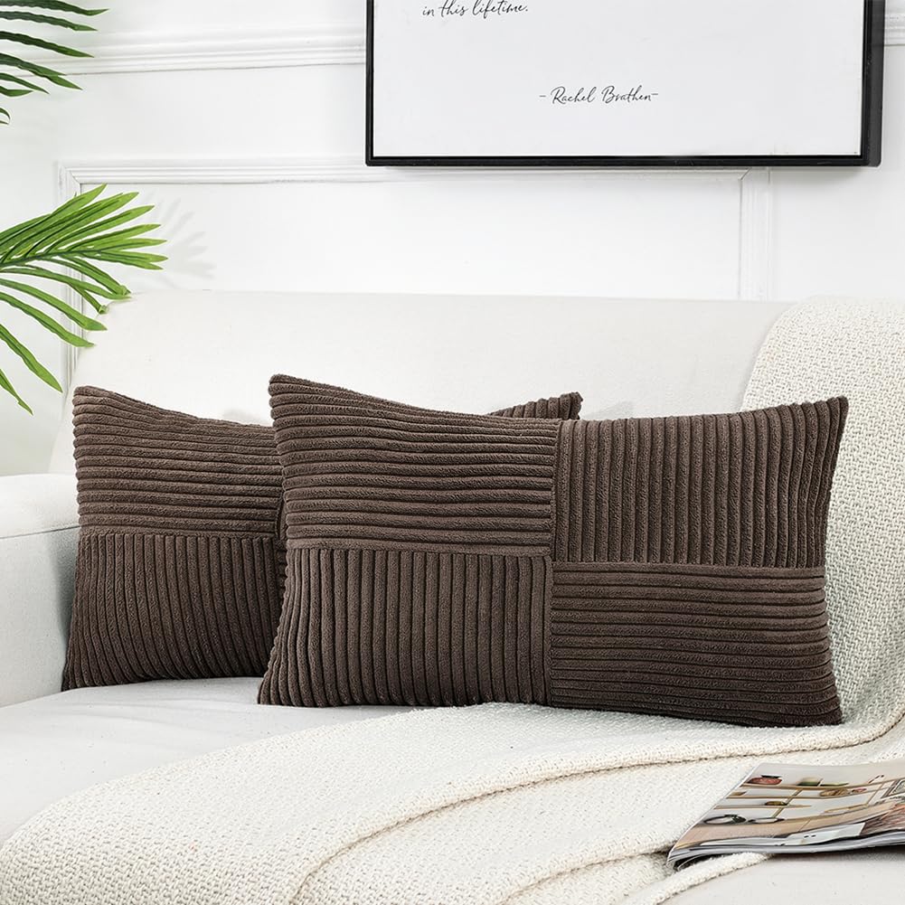 Fancy Homi 2 Packs Dark Brown Lumbar Decorative Throw Pillow Covers 12X20 Inch For Living Room Couch Bed, Rustic Farmhouse Boho