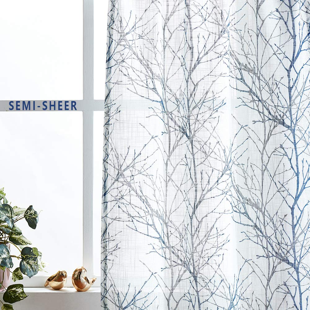 Fmfunctex Blue Kitchen Curtains 36    Grey Tree Print On White Tier Curtain Set For Small Windows Basement Room Bathroom, 2 Pane