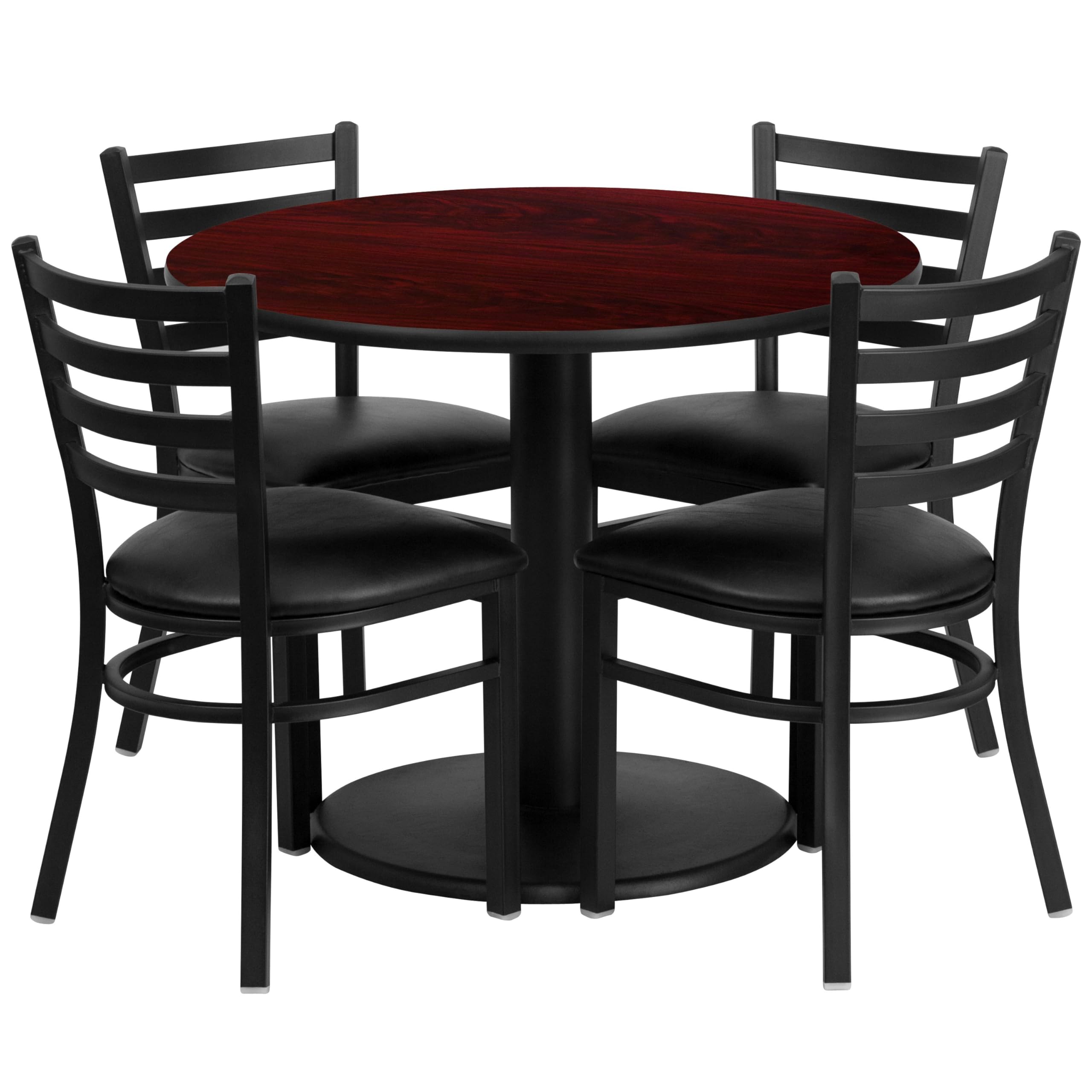 Flash Furniture 36'' Round Mahogany Laminate Table Set With Round Base And 4 Ladder Back Metal Chairs - Black Vinyl Seat
