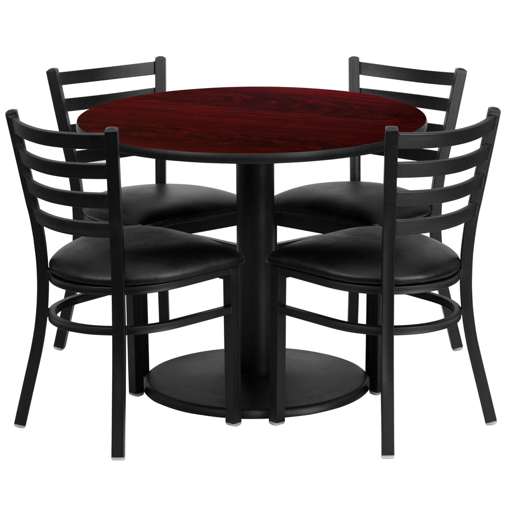 Flash Furniture 36'' Round Mahogany Laminate Table Set With Round Base And 4 Ladder Back Metal Chairs - Black Vinyl Seat