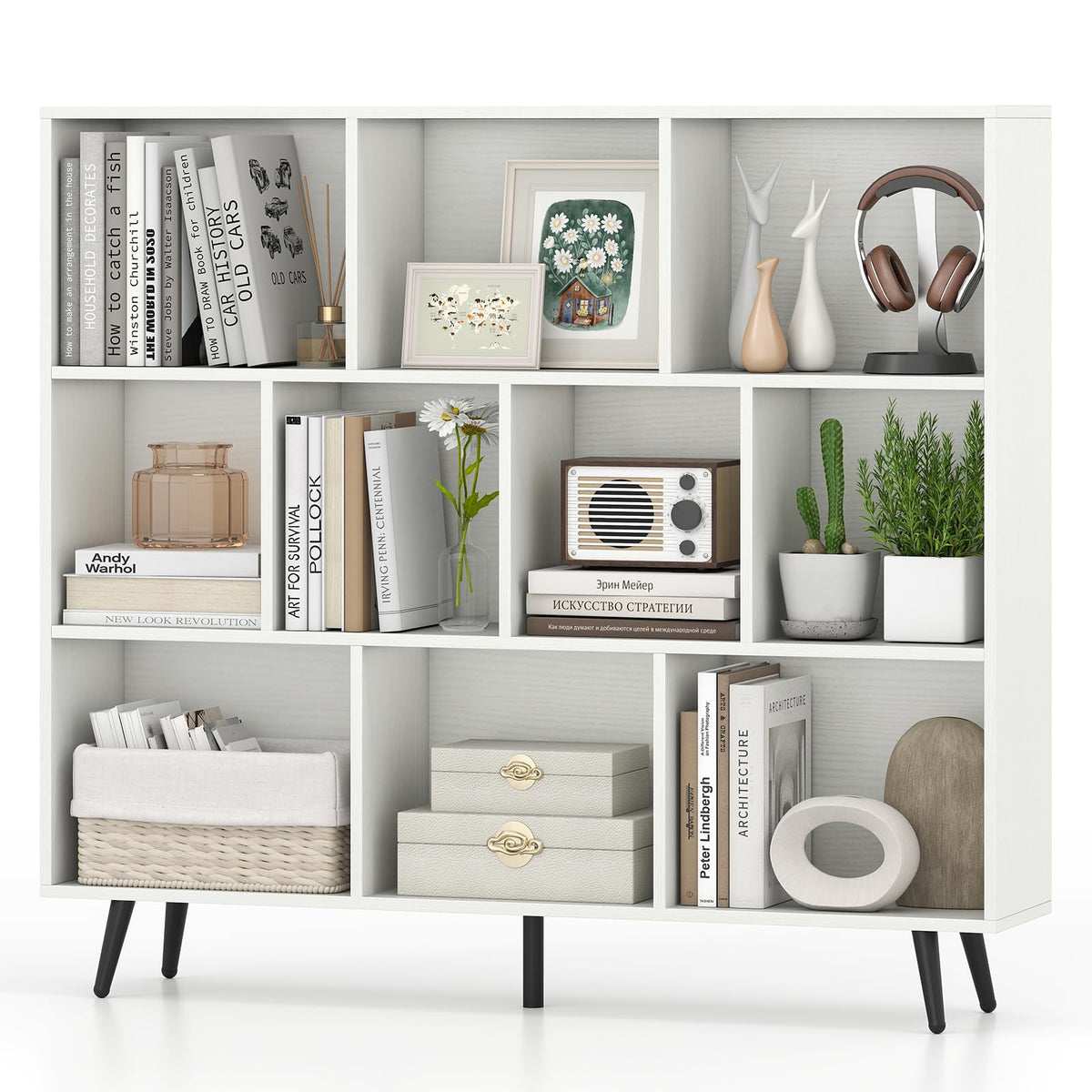 GIANTEX 10Cube Bookcase, 3Tier Modern Bookshelf with 5 Metal Legs, 47 Freestanding Open Storage Organizer with 2 Antitip Dev