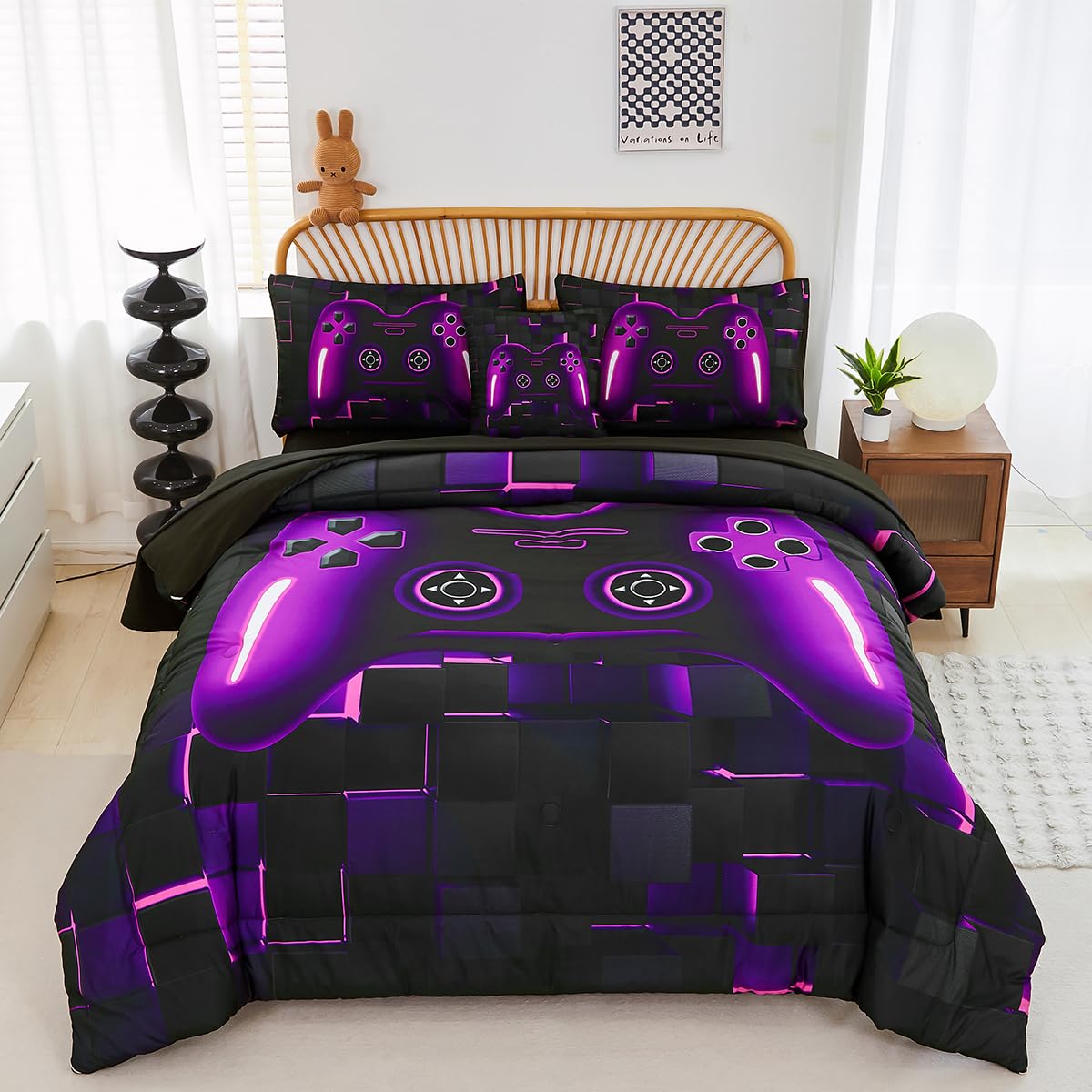 Perfemet 6 Pieces Gamer Comforter Sets Twin Size Purple Game Console Boys Bed In A Bag 3D Cool Black Gaming Bedding Set For Kids