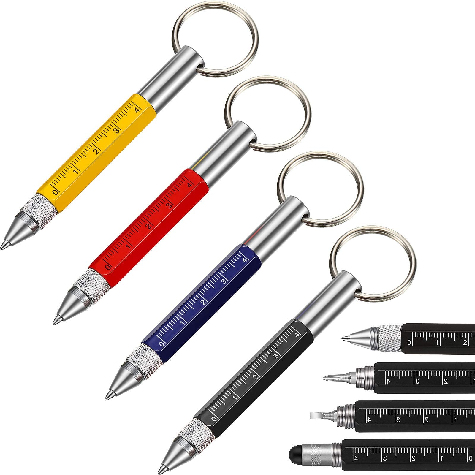 Zonon 4 Pieces 6 In 1 Multitool Tech Tool Pen Key Ring Screwdriver Pen With Ruler, Two-Head Ballpoint Pen Refills Metal Tool Pen