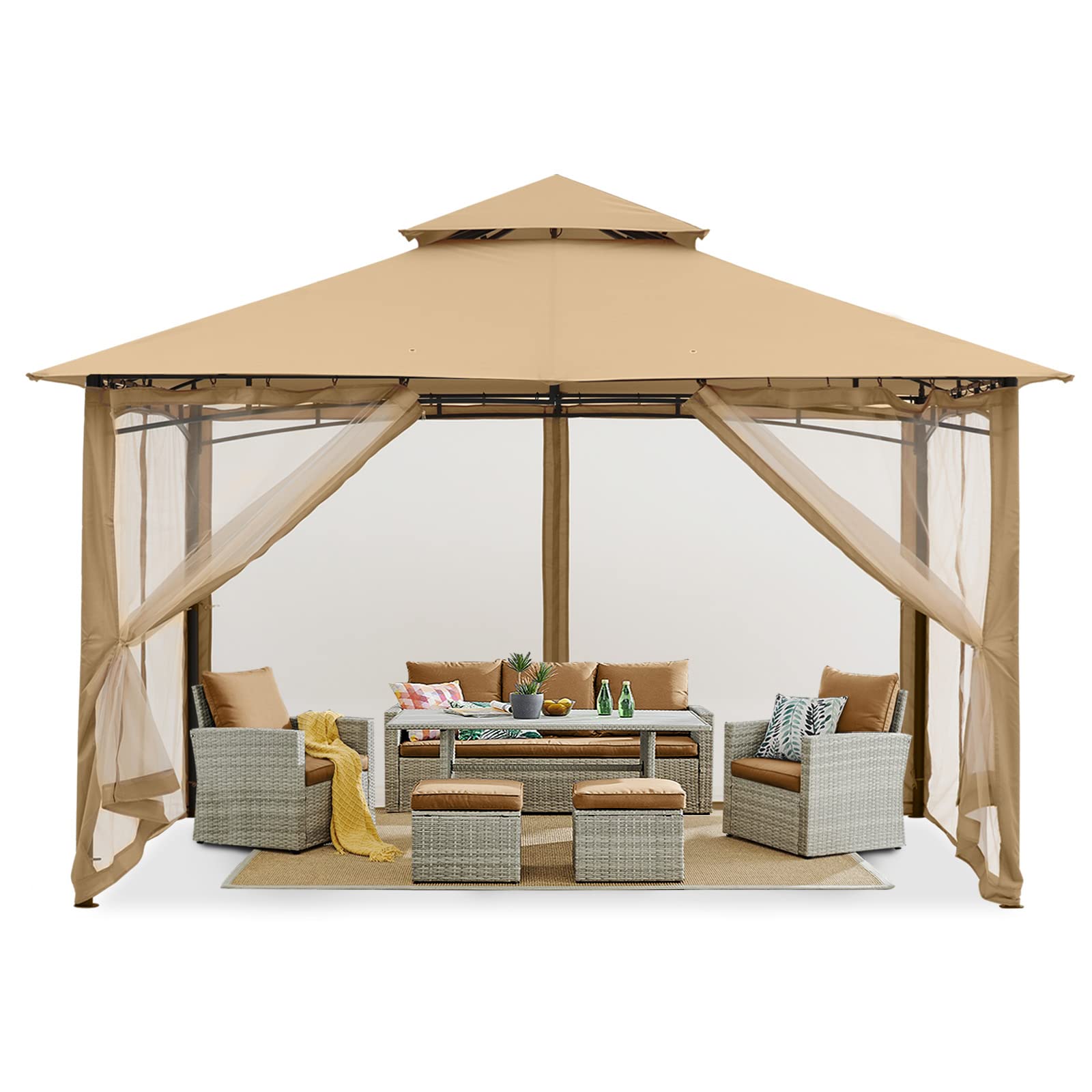 Mastercanopy Outdoor Garden Gazebo For Patios With Stable Steel Frame And Netting Walls (10X10, Beige)