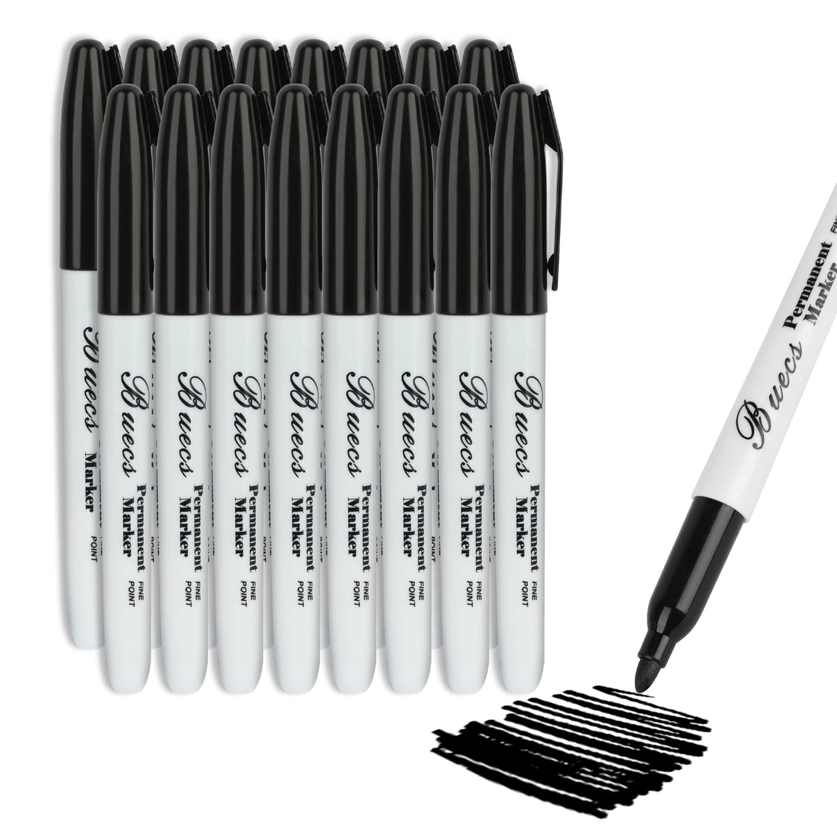 Buecs Permanent Markers, 128 Count Black Permanent Markers, Fine Point, Waterproof & Smear Proof Markers, Quick Drying, Office S