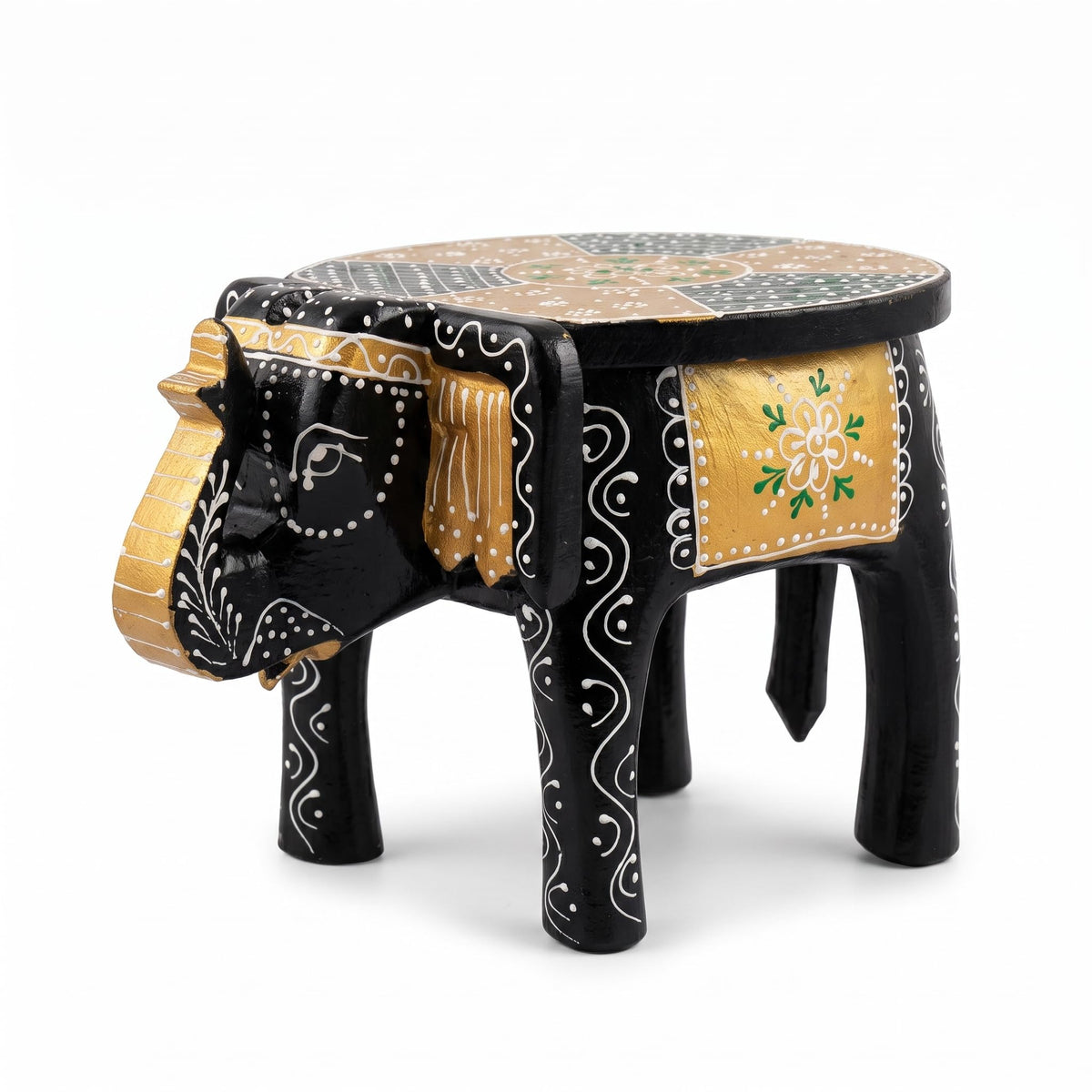JH Gallery Handcrafted & HandPainted Wooden Elephant Decorative Stool, Small Side Table for Living Room, Bedroom, Office & Home
