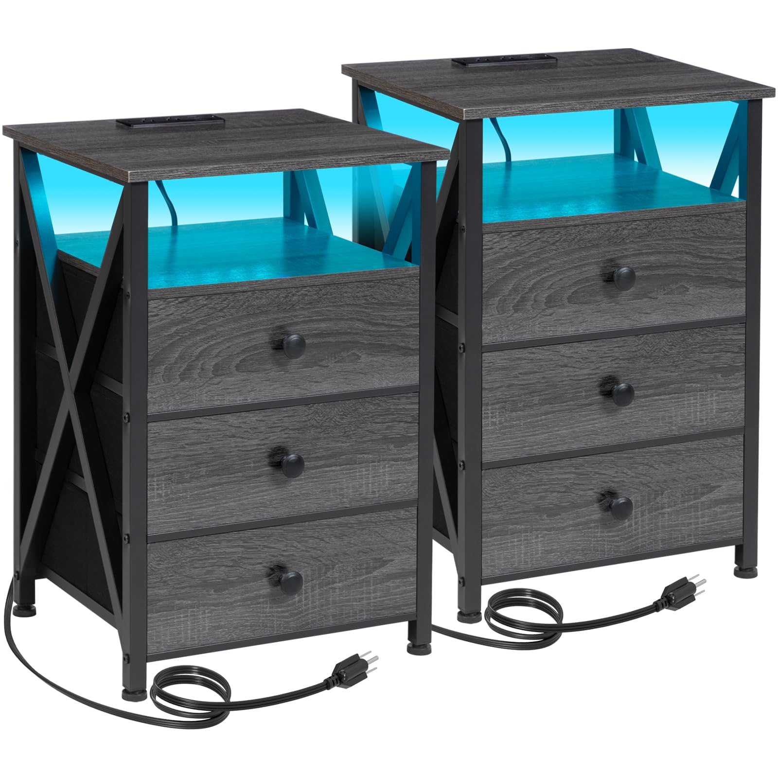 AMHANCIBLE Night Stand Set 2, LED Nightstand with Charging Station, End Side Tables with USB Port & Outlet, Bedside Table with F