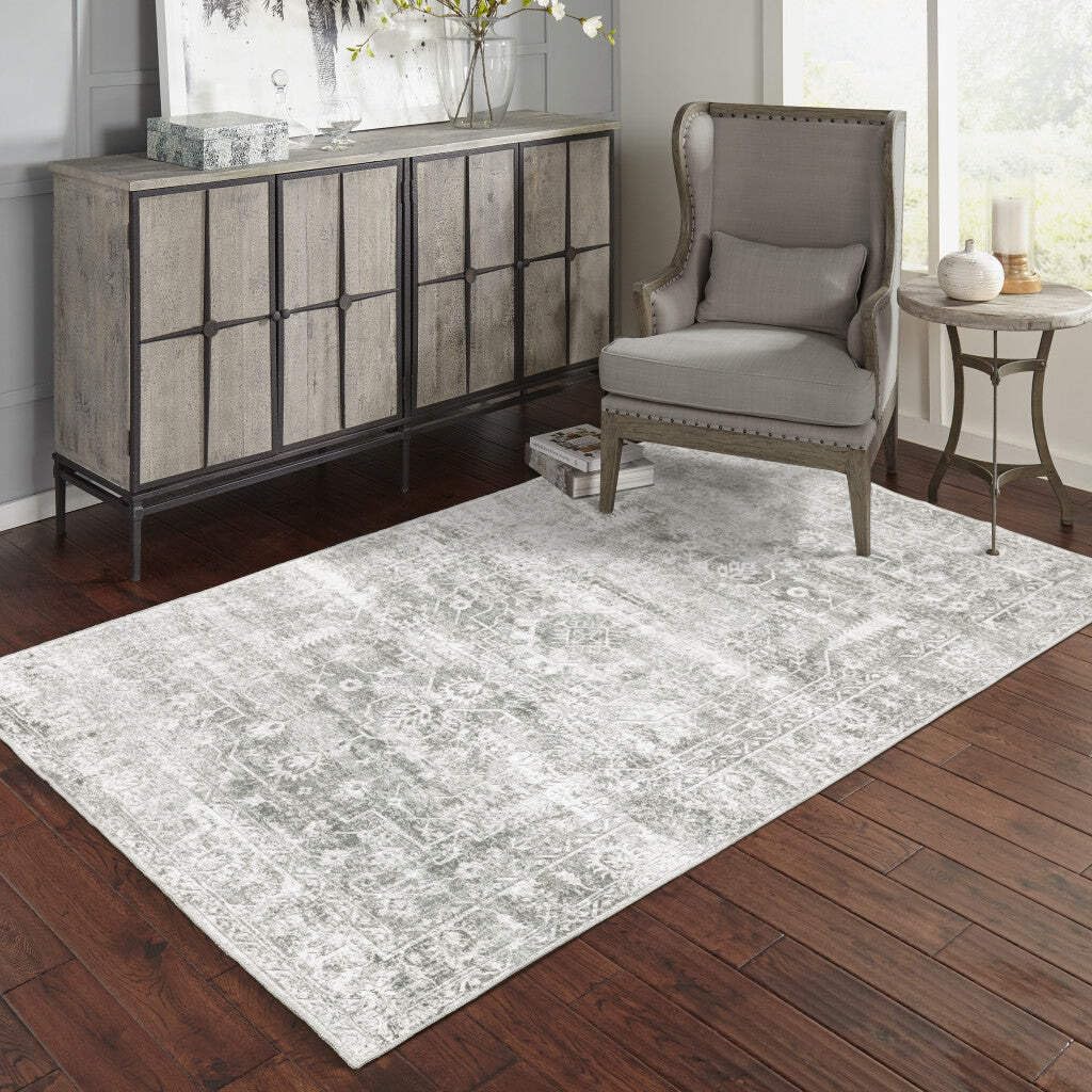 HomeRoots 510659 8 x 10 ft. Sage Green Gray Ivory & Silver Oriental Printed Stain Resistant Non Skid Rectangle Area Rug