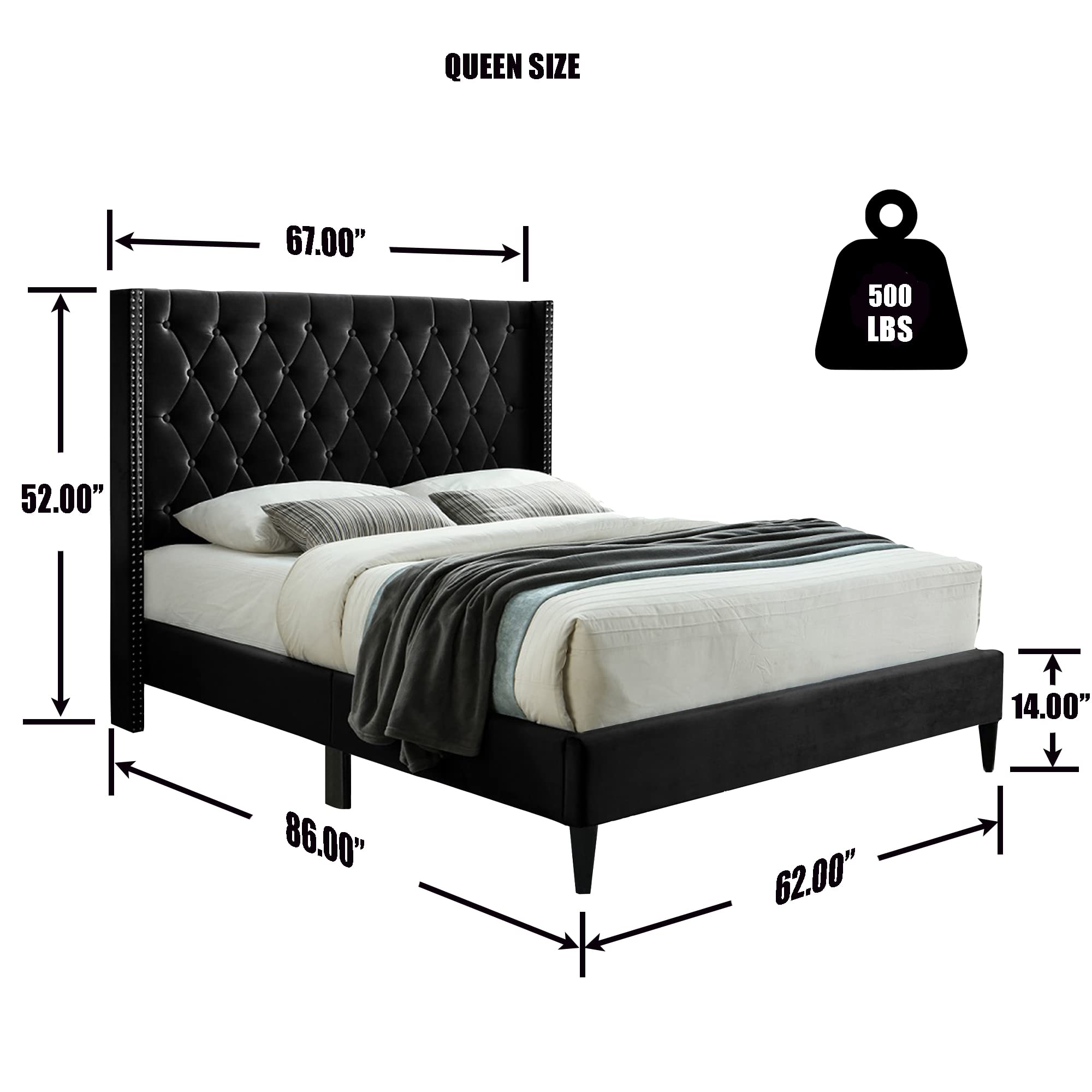 Better Home Products Amelia Velvet Tufted Queen Platform Bed in Black