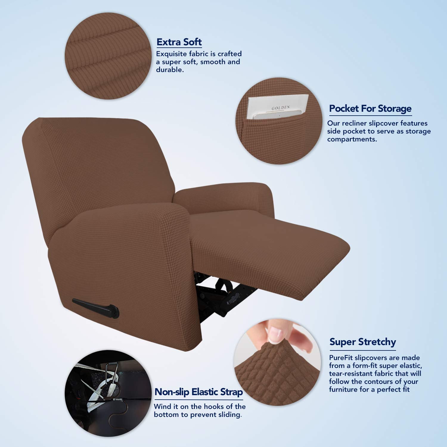 Purefit Stretch Recliner Sofa Slipcover With Pocket – Spandex Jacquard Non Slip Soft Couch Sofa Cover, Washable Furniture Protector With Elastic Bottom For Kids (Recliner, Brown)