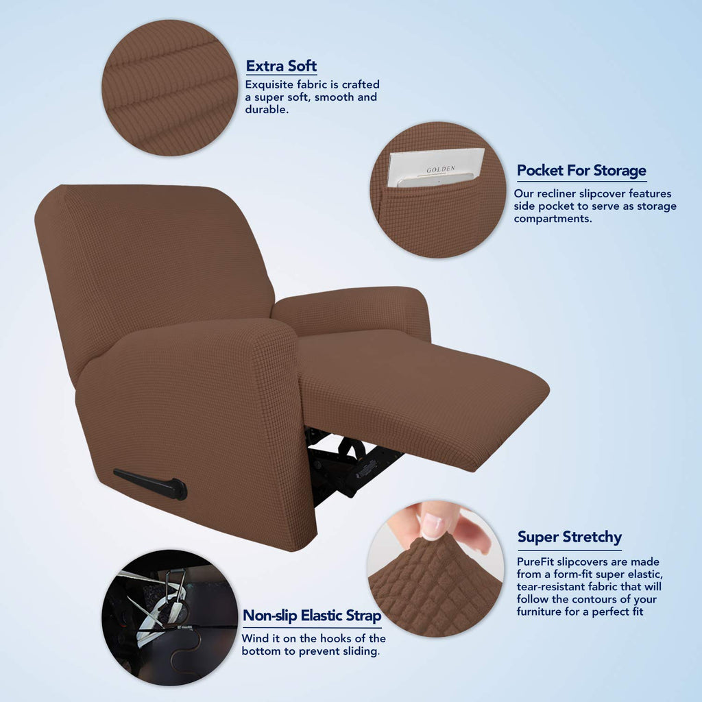 Purefit Stretch Recliner Sofa Slipcover With Pocket – Spandex Jacquard Non Slip Soft Couch Sofa Cover, Washable Furniture Protector With Elastic Bottom For Kids (Recliner, Brown)