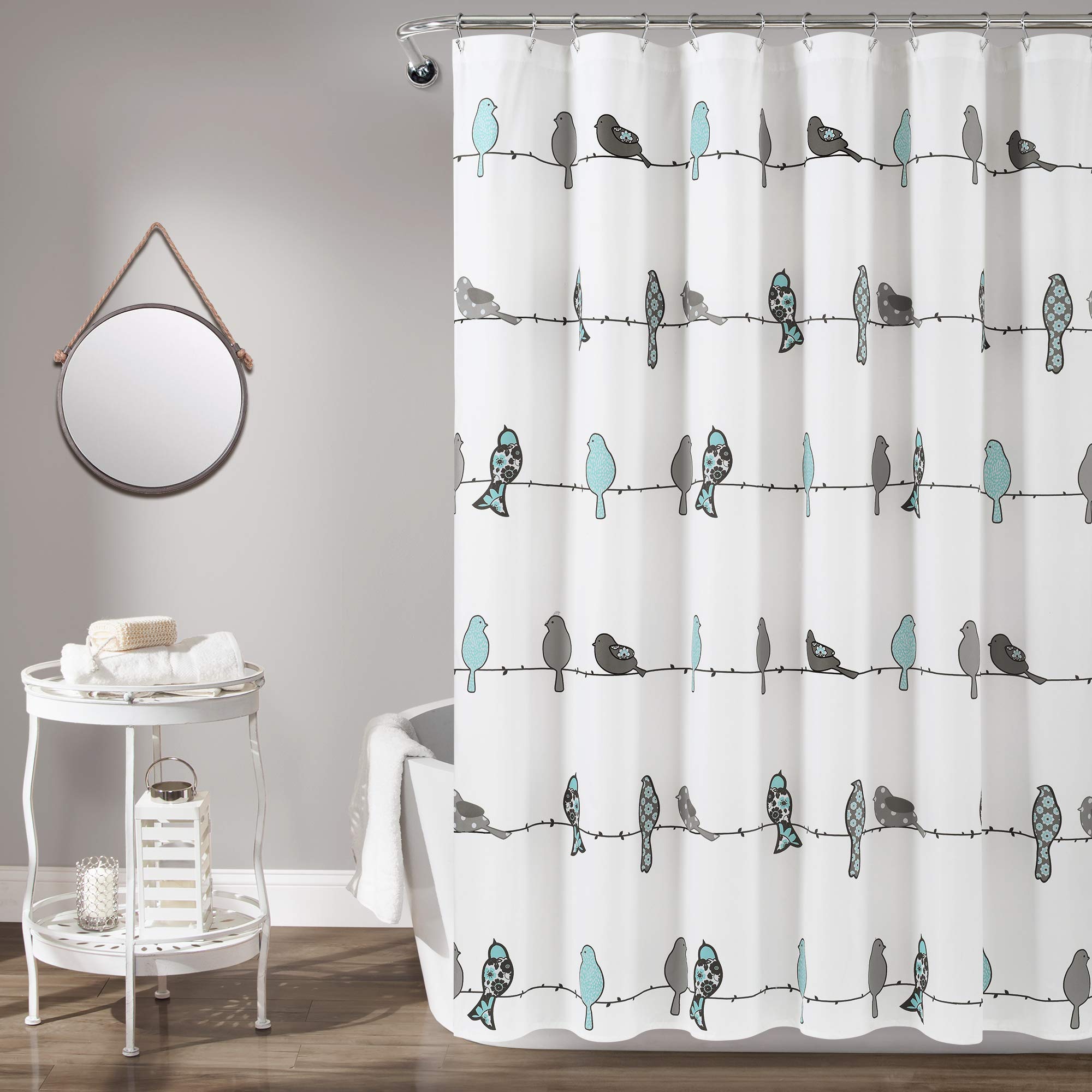 Lush Decor Rowley Birds Shower Curtain, 72    W X 72    L, Blue & Gray - Colorful Floral Bird Pattern - Whimsical & Playful Bird