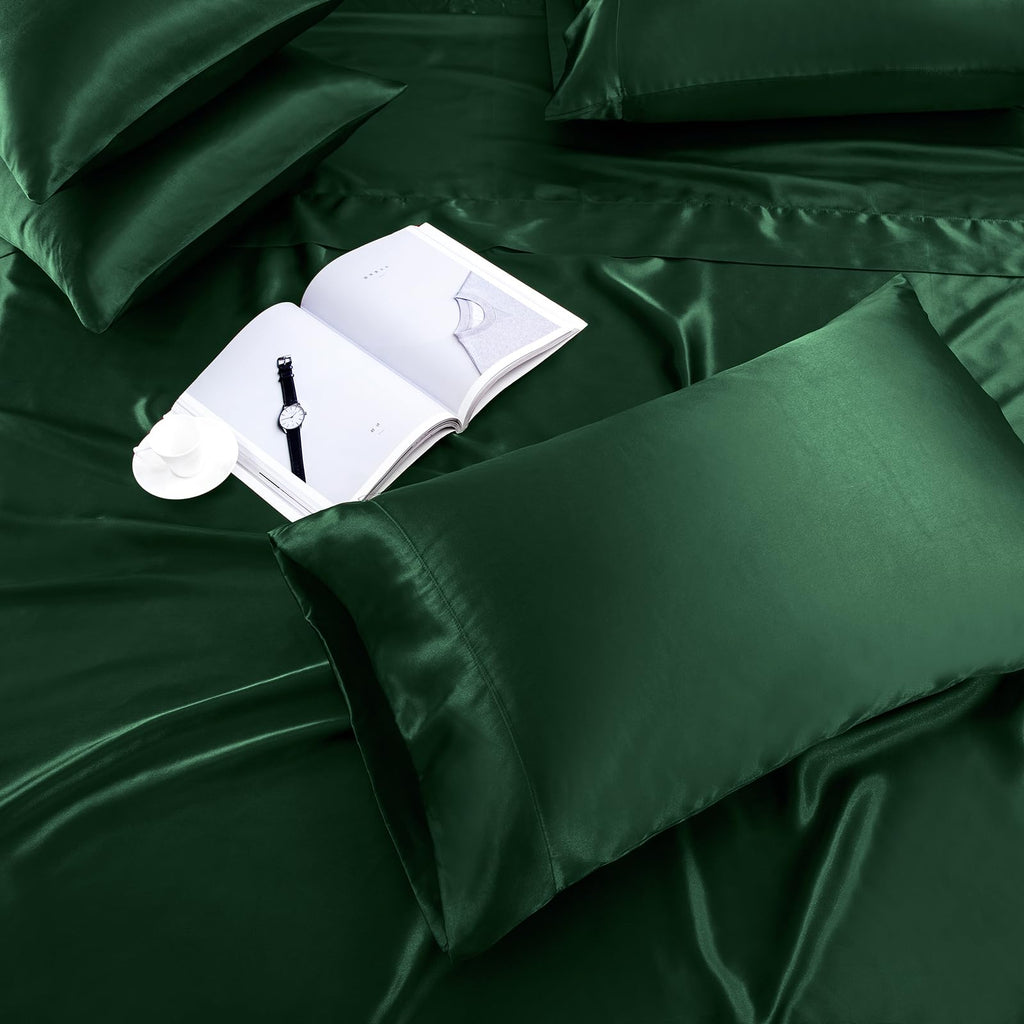 Treely Satin Sheets Queen Size - 6 Piece Blackish Green Soft Satin Bed Sheet Set With Deep Pocket, 1 Fitted Sheet +1 Flat Sheet