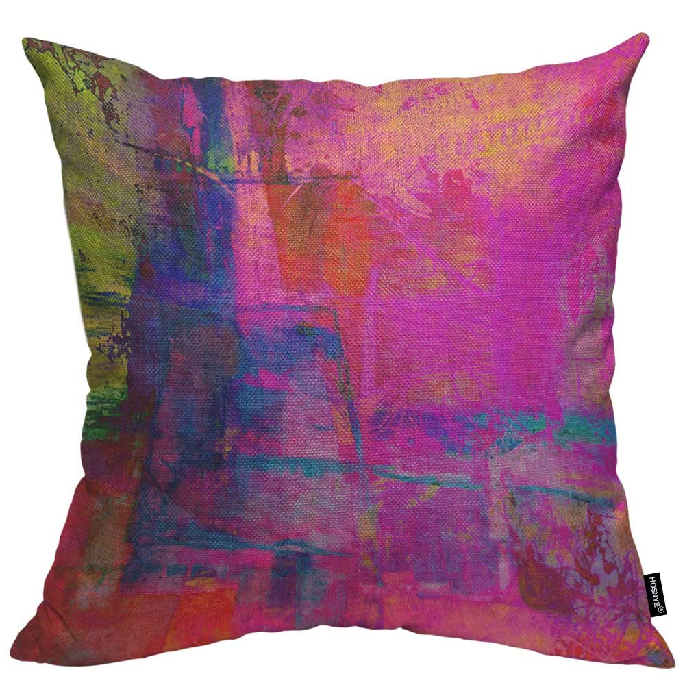 Hosnye Art Abstract Throw Pillow Case Cushion Covers Bright Fuchsia, Magenta, Pink, Red, Yellow, Green And Blue Cotton Linen For
