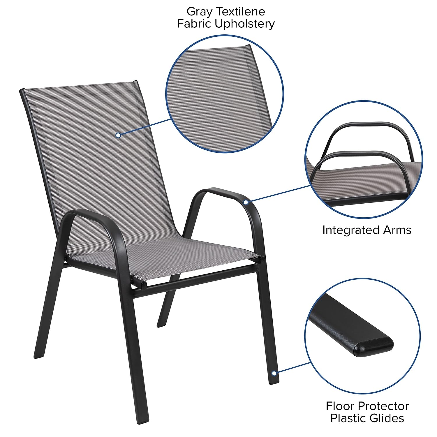 Flash Furniture 2 Flex Comfort Stack Chairs, 23.5&quot; Square Tempered Glass Patio Table, Gray