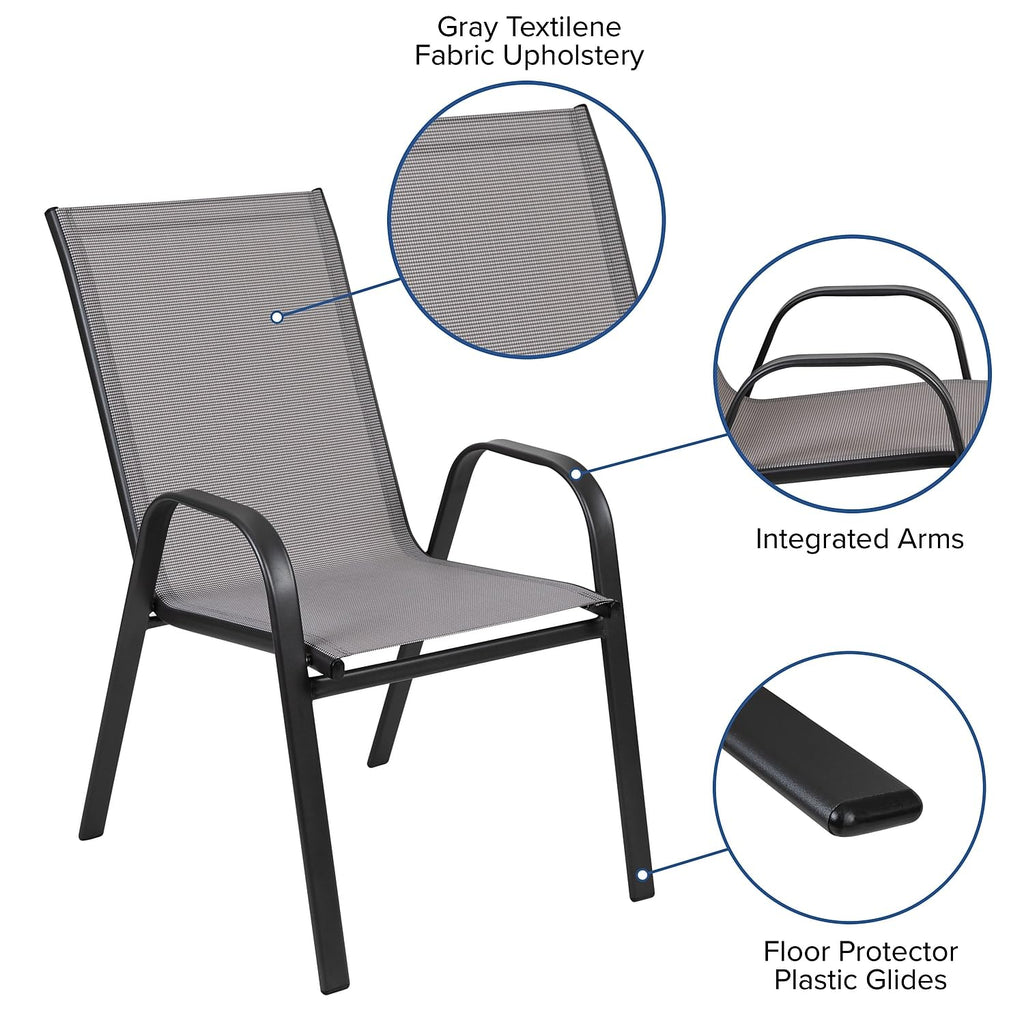 Flash Furniture 2 Flex Comfort Stack Chairs, 23.5" Square Tempered Glass Patio Table, Gray