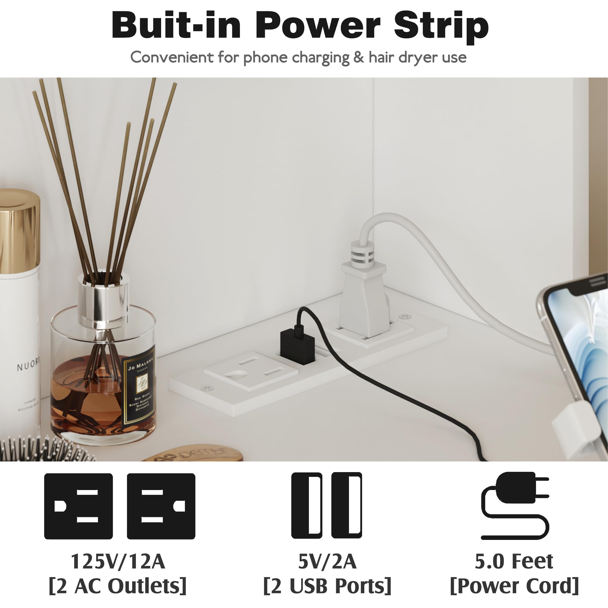 Yeshomy Vanity Desk With Mirror, Power Outlet And 10 Lights, Makeup Table With 7 Drawers, 3 Color Modes Available For Bedroom, White