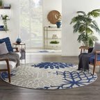 HomeRoots Ivory/Navy 100% Polypropylene 8’ Round Ivory and Navy Indoor Outdoor Area Rug