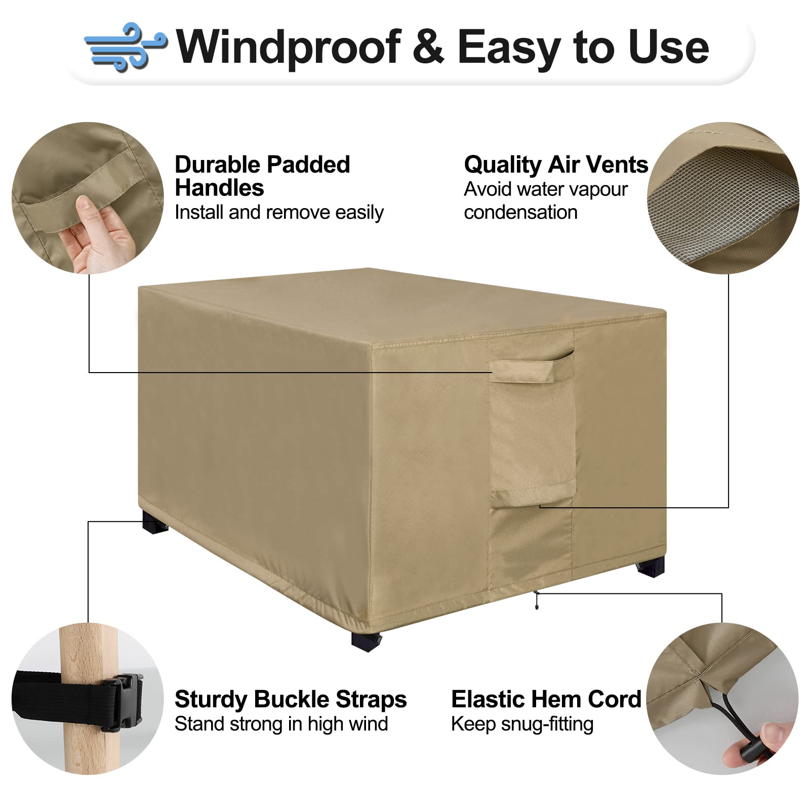 Outdoorlines Outdoor Waterproof Patio Ottoman Covers - Rectangle Uv-Proof Patio Side Table Cover Windproof Heavy-Duty Furniture Covering Protector 28L X 22W X 17H Inch, Camel