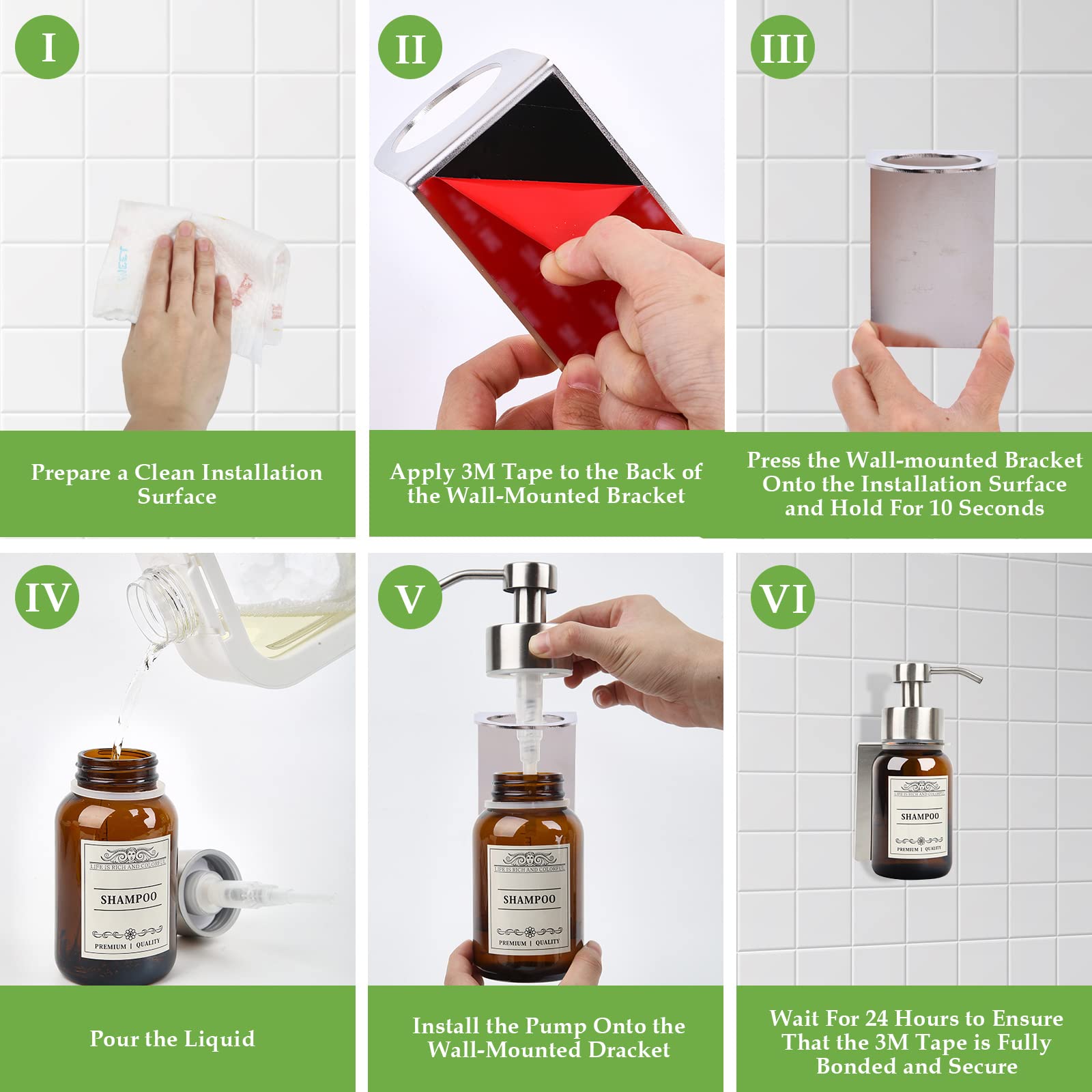 Nobtou Glass Soap Dispenser With Pump And Drill-Free Wall Mount Holder,8.5 Oz Shampoo And Conditioner Dispenser,Dish Soap Dispen