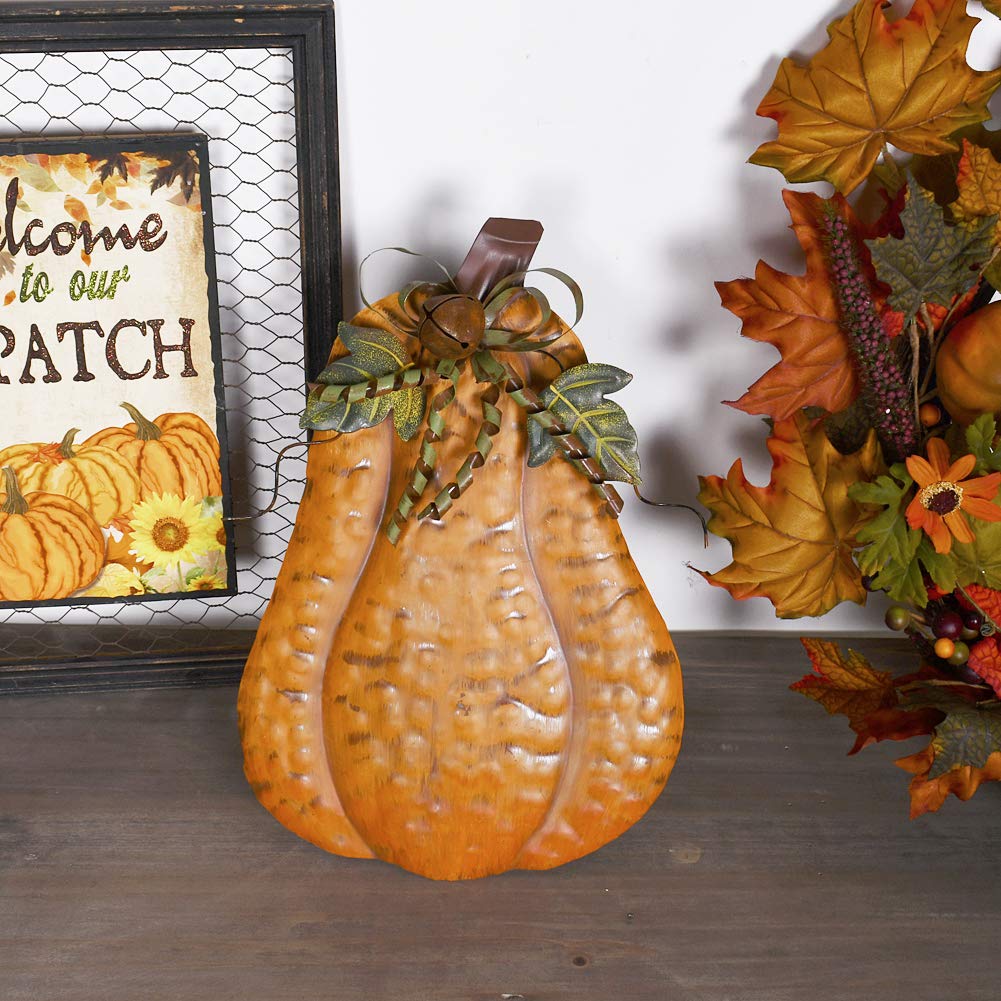 Attraction Design Metal Fall Pumpkin Decor Set Of 2, Indoor Outdoor Standing Flat Pumpkin Decoration For Autumn Harvest Thanksgi