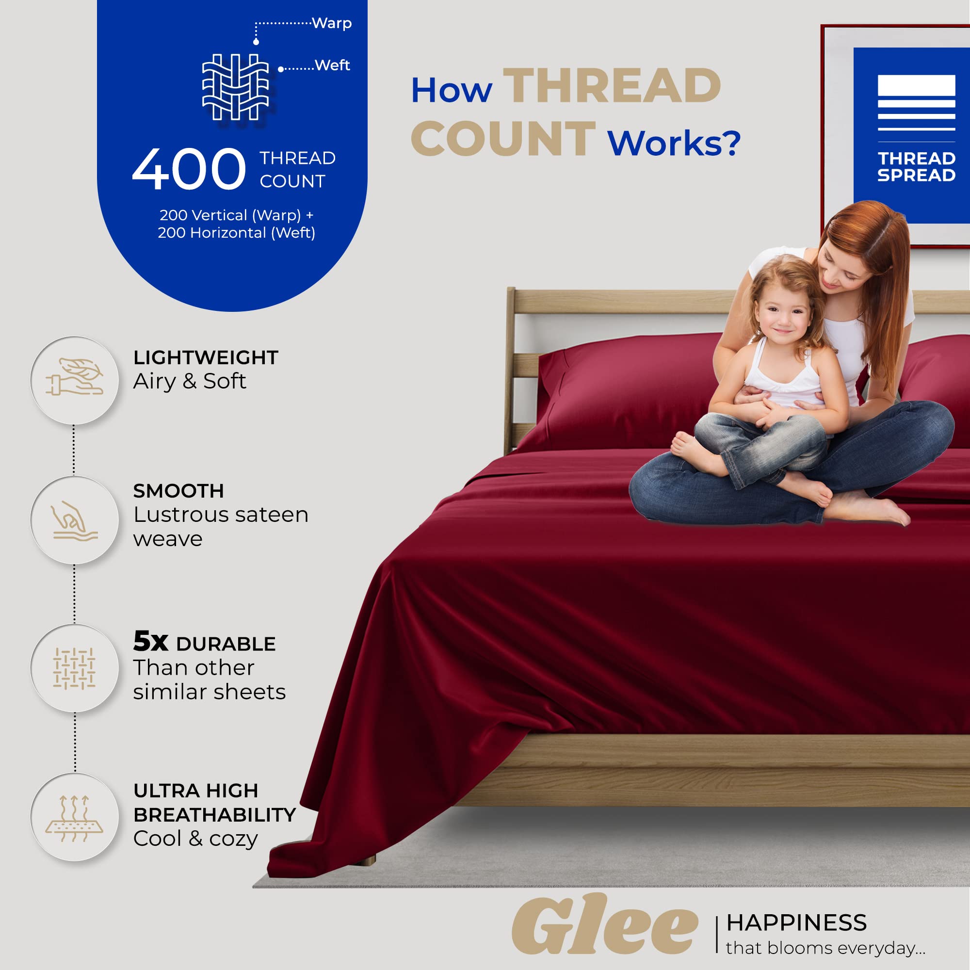 Thread Spread Twin Xl Cotton Sheets - 400 Thread Count 100% Cotton Twin Xl Sheets Set, 3 Pc Twin Xl Sheets, Luxury Sateen Sheets, Dorm Rooms & Adults, Deep Pockets Easy Fit, Cotton Sheets (Burgundy)
