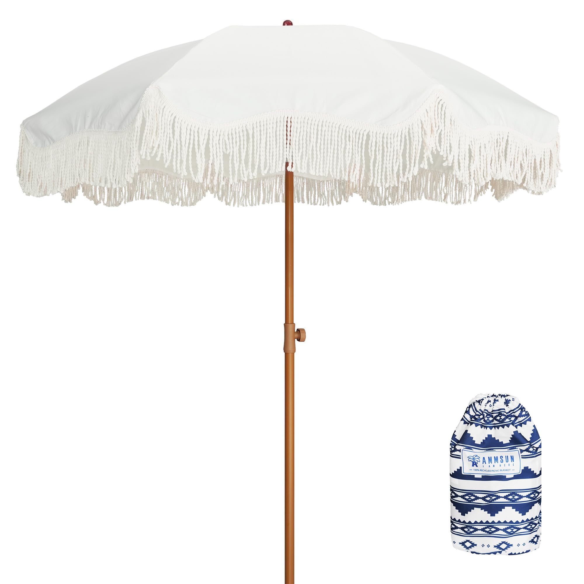 AMMSUN Boho Fringe Umbrella with Outdoor Blanket, 6.5ft UPF50+ Picnic Umbrella with Tassels with Steel Pole & Push Button Tilt, 