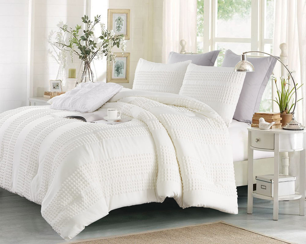 Cupocupa King Size Comforter Set;White Boho Tufted Lightweight Bedding Sets 3Pcs Soft Jacquard Pom Pom Comforter With 2 Pillow C