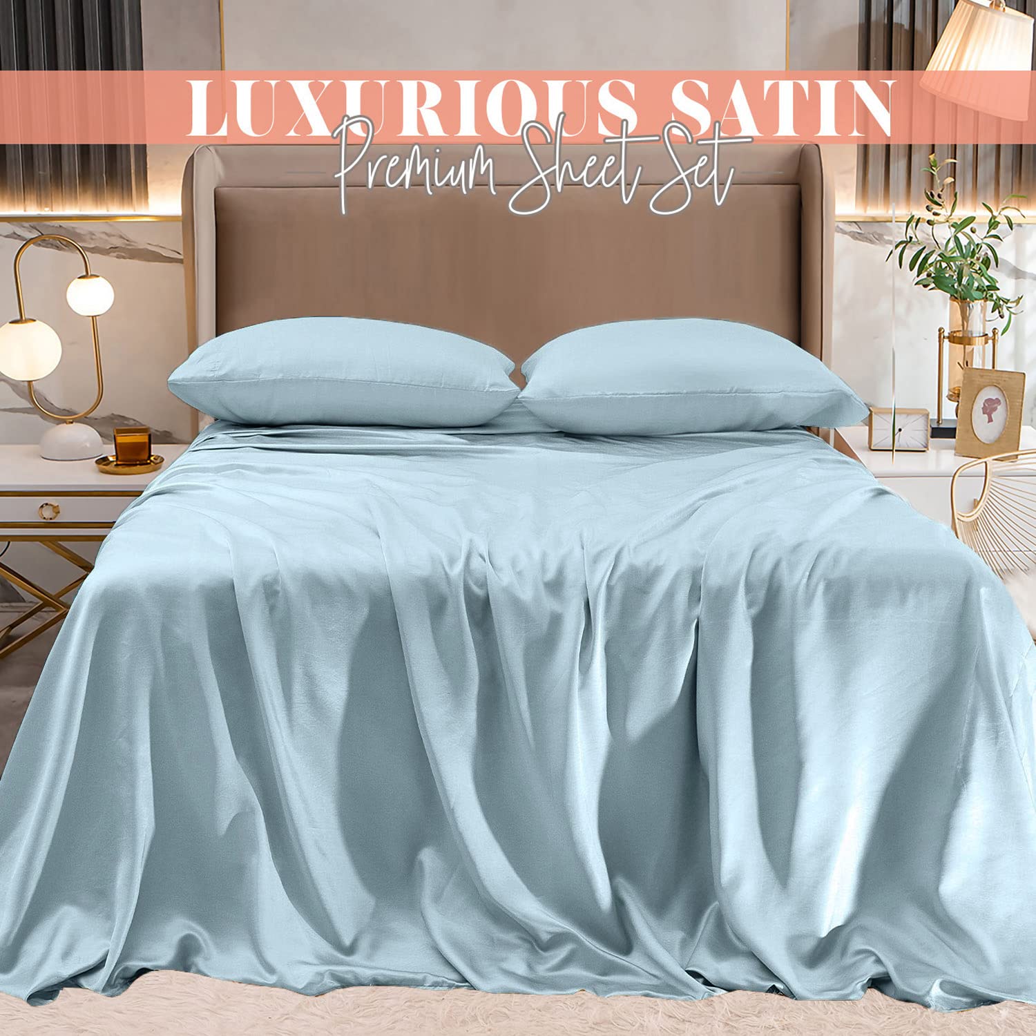 Elegant Comfort Luxurious 4-Piece Silky Satin Sheet Set, Skin And Hair Friendly, Wrinkle, Fade, Stain Resistant With Deep Pockets Fitted Sheet, Cooling Soft Satin Sheet Set, Full, Baby Blue