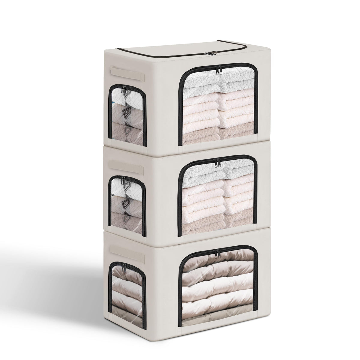 GuliPostan 3 Pack 40L Stackable Clothes Storage Bins with Metal Frame Handles & Zipper, Collapsible Closet Organizer Box with Li