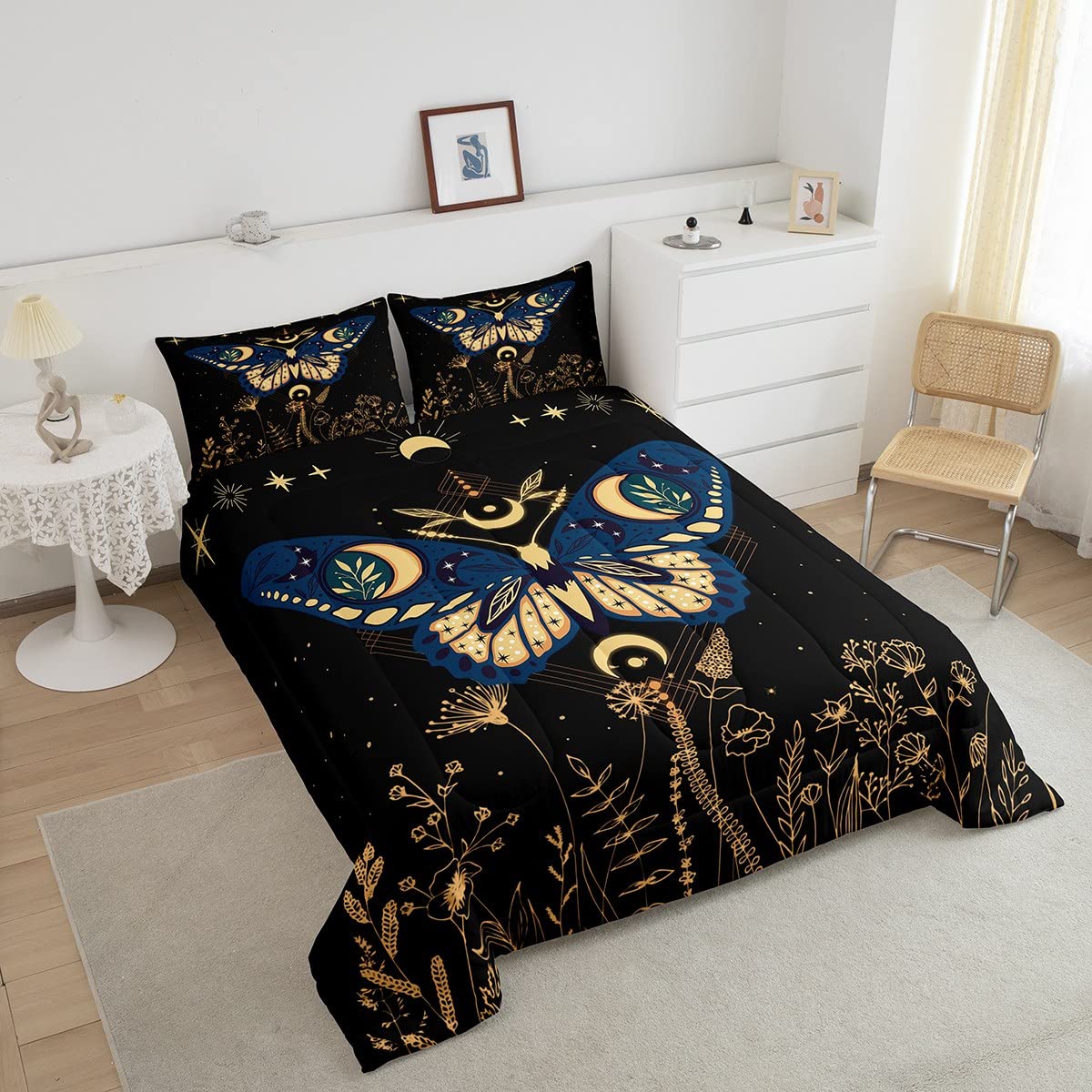 Erosebridal Butterfly Bedding Set Full, Halloween Boho Moth Comforter Set For Adult Women Men 3Pcs,Black Starry Sky Down Comfort