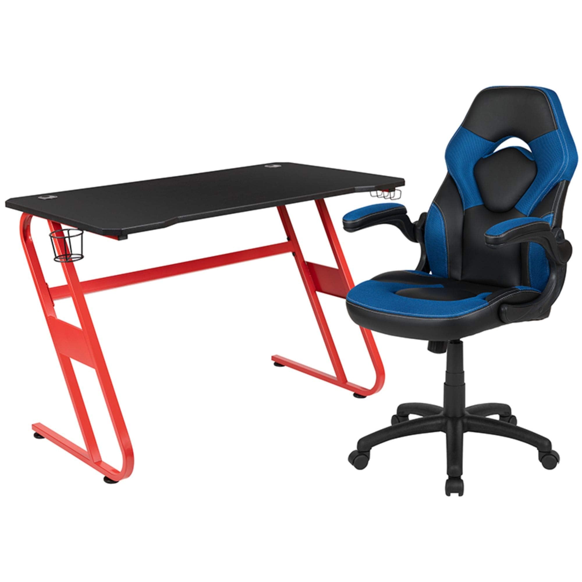 Flash Furniture Red Gaming Desk And Blue/Black Racing Chair Set With Cup Holder And Headphone Hook