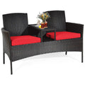Dortala Outdoor Patio Loveseat, Wicker Conversation Set With Cushions And Built-In Coffee Table, 2 Person Rattan Seating For Garden Lawn Backyard, Dark Brown+Red