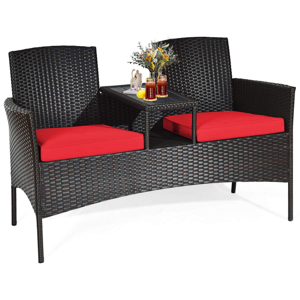 Dortala Outdoor Patio Loveseat, Wicker Conversation Set With Cushions And Built-In Coffee Table, 2 Person Rattan Seating For Garden Lawn Backyard, Dark Brown+Red