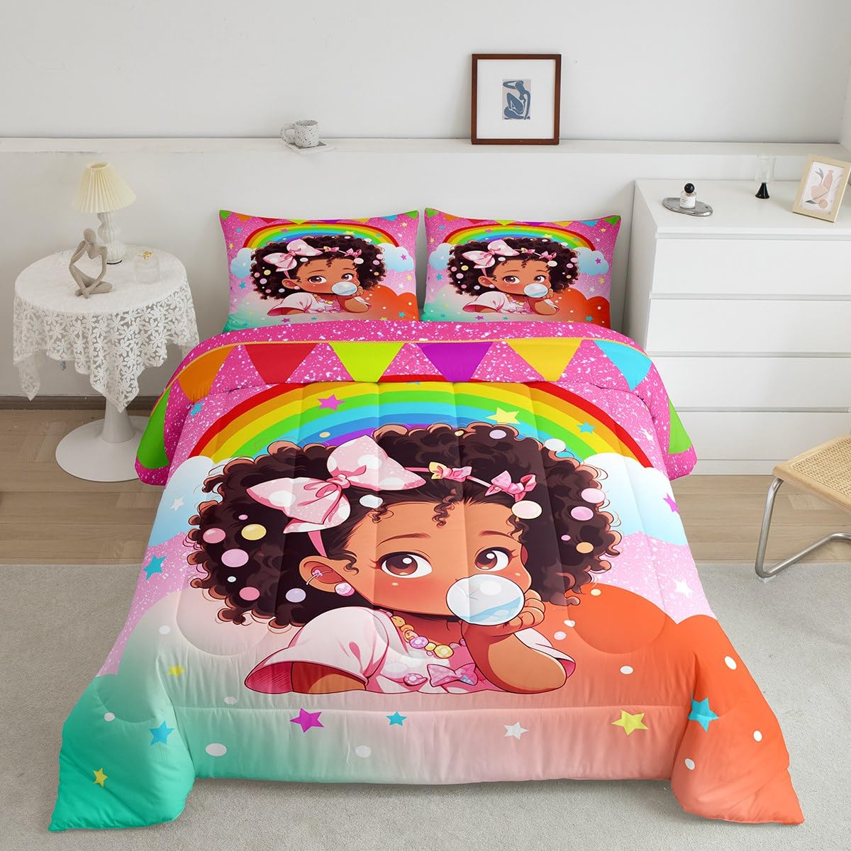 African Style American Comforter Set Twin Size Kids Girl,Pink Black Girls Bedding Comforter,Glitter Star Sky Rainbow Cloud Quilted Duvet Teens Women Room Decor,Lovely Sweet Bedspread,1 Pillowcase