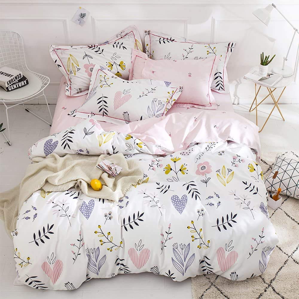 Bulutu Floral Love Print Girls Duvet Cover Full Size White/Pink Cotton Premium Blossom Kawaii Reversible Kids Bedroom Comforter
