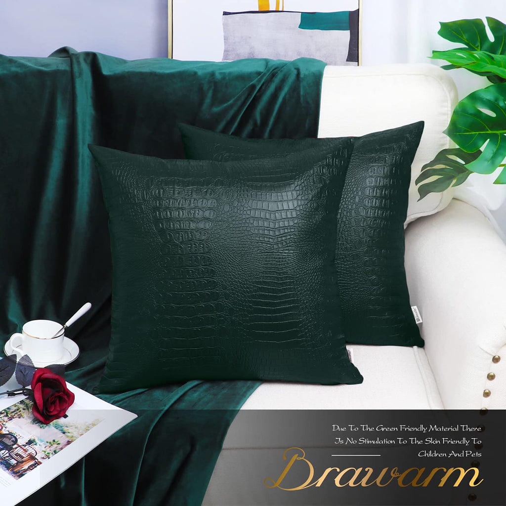 Brawarm Faux Leather Pillow Covers 20 X 20 Inches, Dark Green Leather Pillow Covers Pack Of 2, Crocodile Leather Decorative Thro