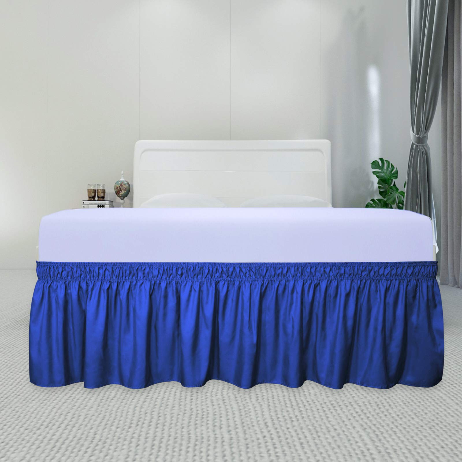 Purefit Wrap Around Ruffled Bed Skirt With Adjustable Elastic Belt - 22 Inch Drop Easy To Put On, Wrinkle Free Bedskirt Dust Ruffles, Bed Frame Cover For Twin, Twin Xl And Full Size Bed, Classic Blue