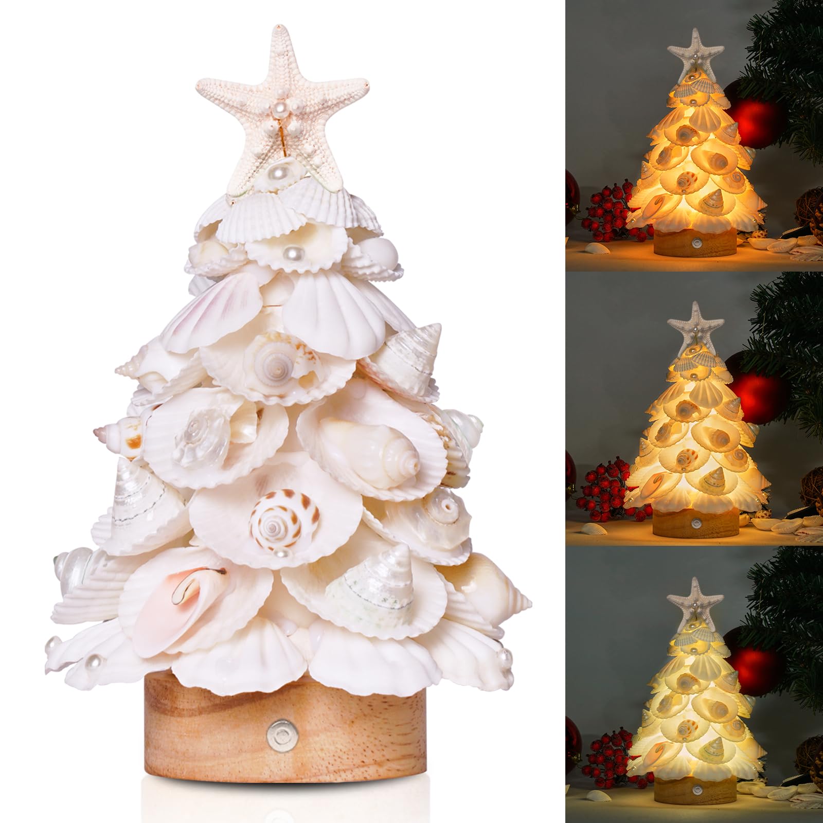 Sea Shells Christmas Tree Handmade Crafts Tabletop Shells Christmas Tree with LED Light, for Christmas & Beach Decoration, Party