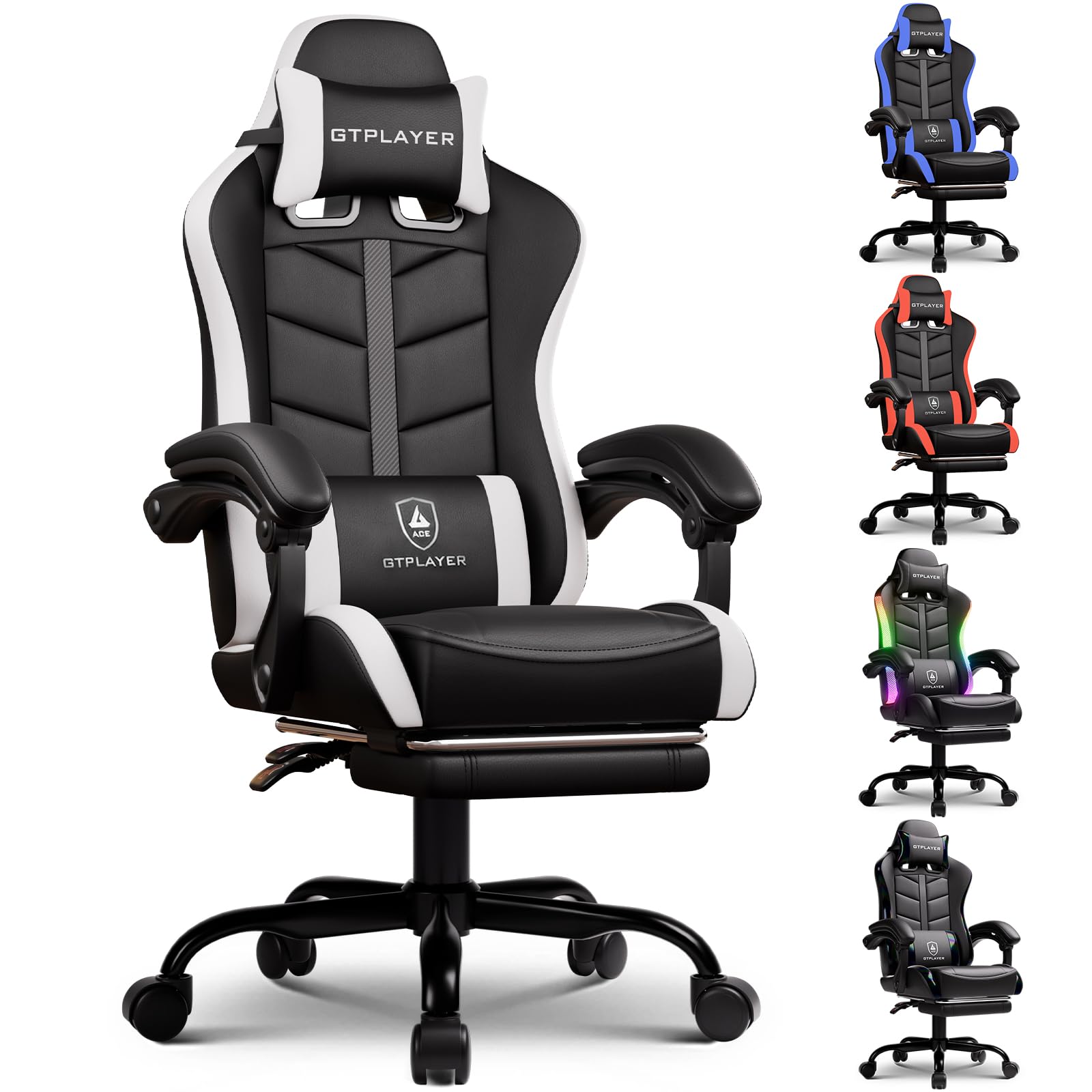 GTPLAYER Gaming Chair, Computer Gaming Chairs for Adults with Footrest, Height Adjustable PC Game Chair with 90-155 Recline & Re