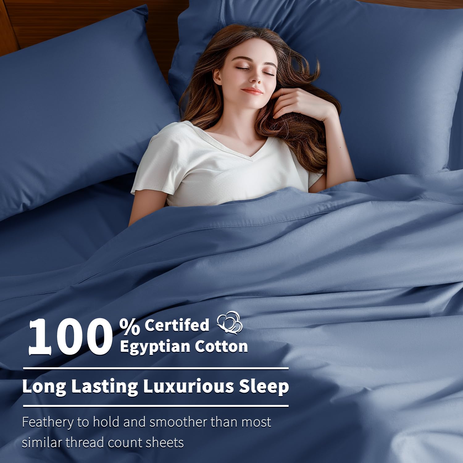 Shilucheng 100% Cotton Queen Size Sheets Set - 600 Thread Count Luxury Egyptian Cotton Breathable Cooling Navy Blue Queen 4 Piece