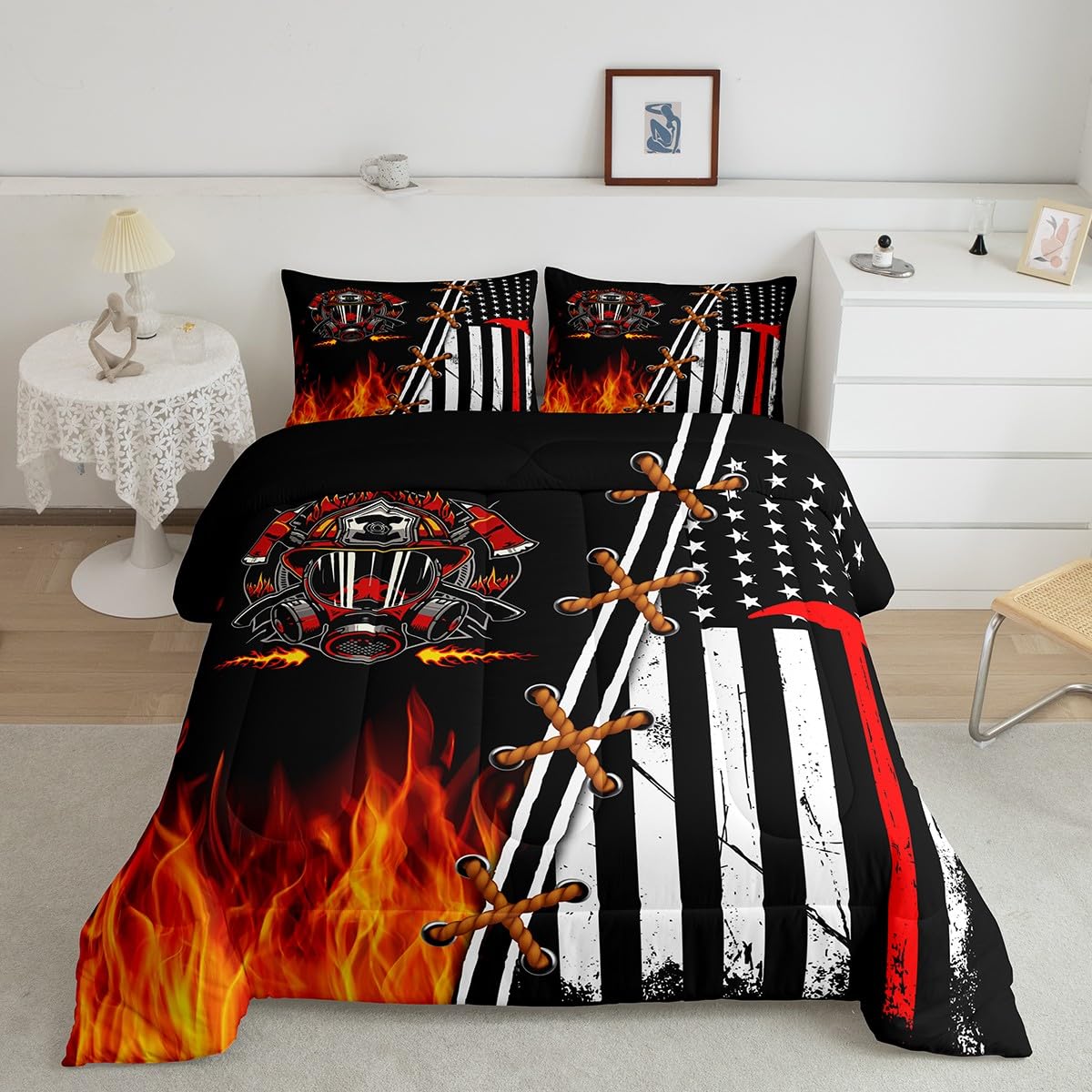 Castle Fairy Fireman Comforter For Boys Kids,Retro American Flag Comforter Set Queen Size Home Decor,Soft Red And Black Bedding