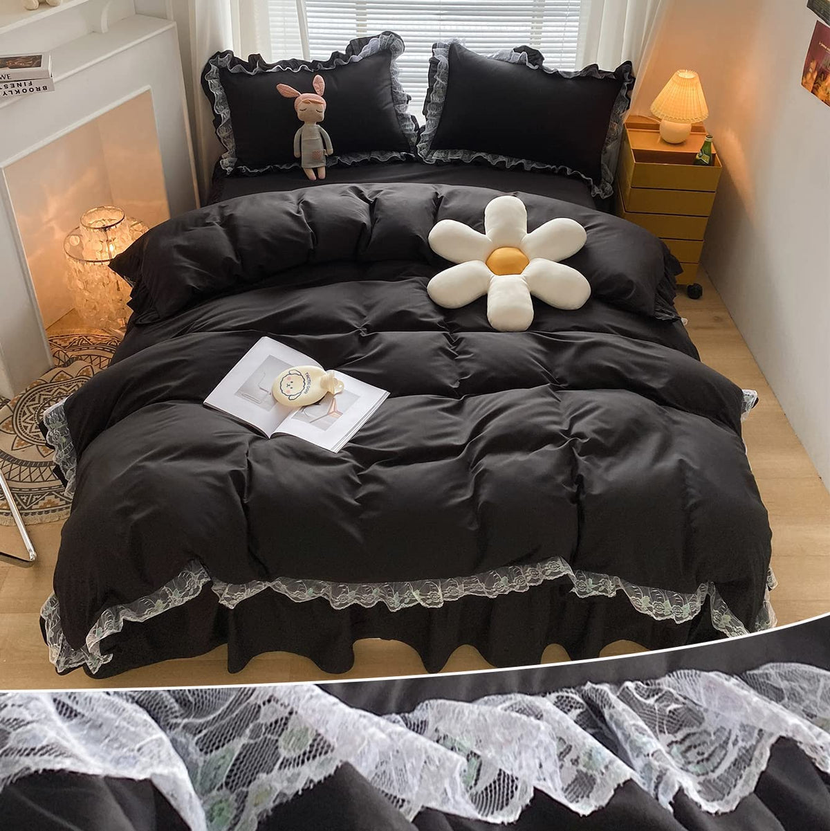 MOOWOO Chic Ruffle Lace Polyester Duvet Cover Set -Girl Black Bedding-3 Piece Full Duvet Cover with Zipper Closure -Ultra Soft a