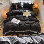 MOOWOO Chic Ruffle Lace Polyester Duvet Cover Set -Girl Black Bedding-3 Piece Full Duvet Cover with Zipper Closure -Ultra Soft a