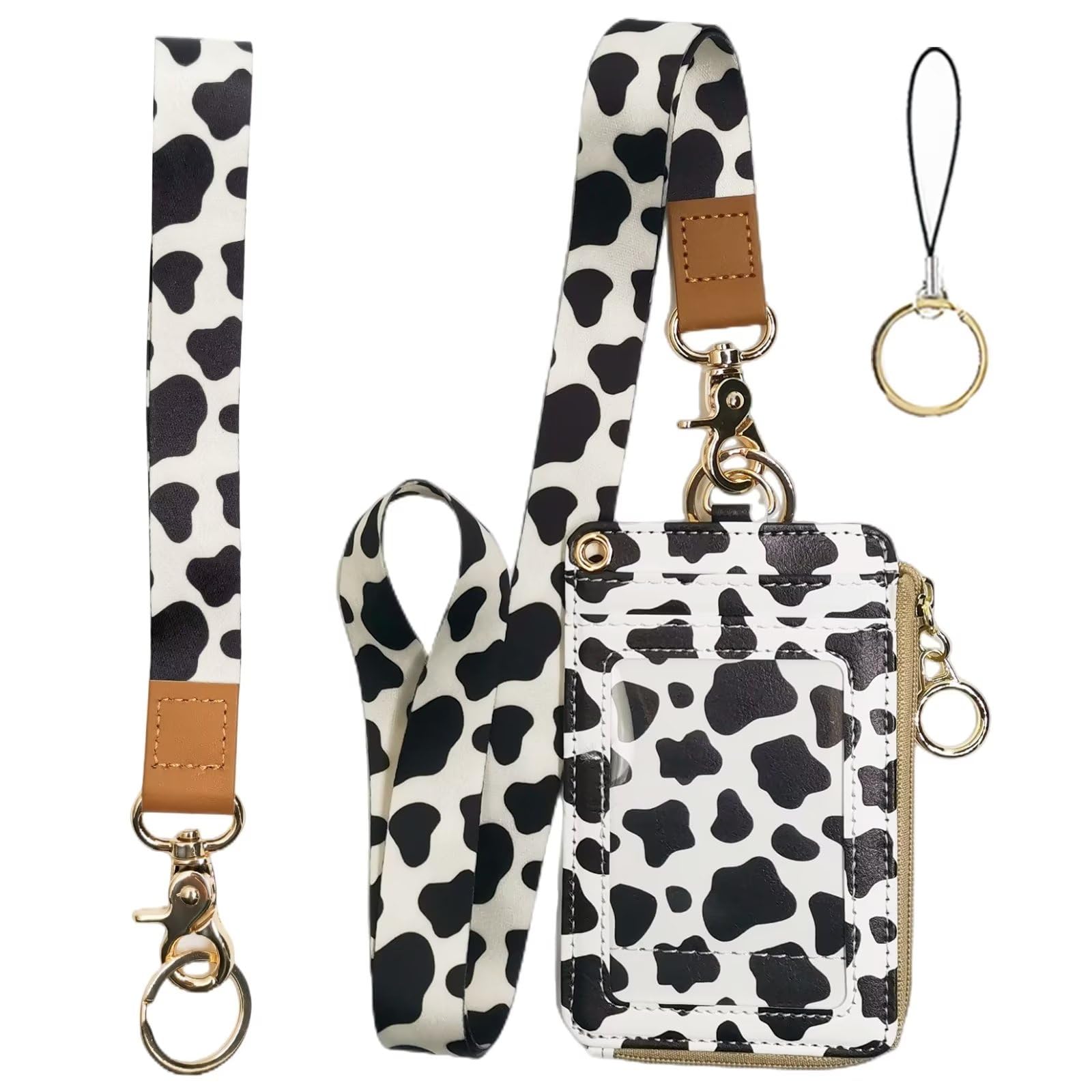 Bolimoss Cute Cow Badge Holder For Women, Retractable Lanyards For Id Badges With Breakaway And Keychain, Vertical Id Card Badge