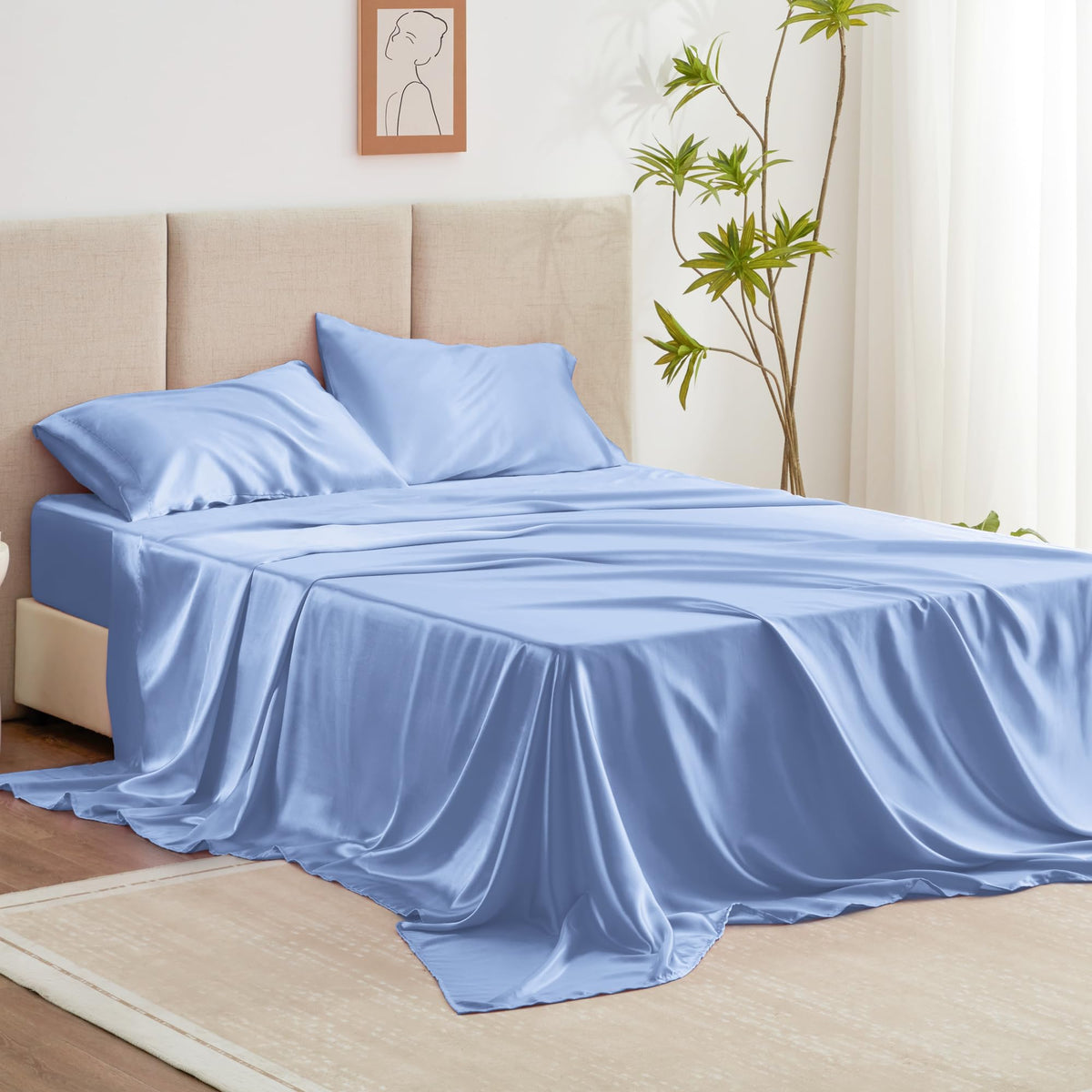 Love'S Cabin Full Size Satin Sheet Sets - 4 Piece Sky Blue Silky Satin Sheet Set Full With Deep Pocket, Luxury Silk Feel Satin B