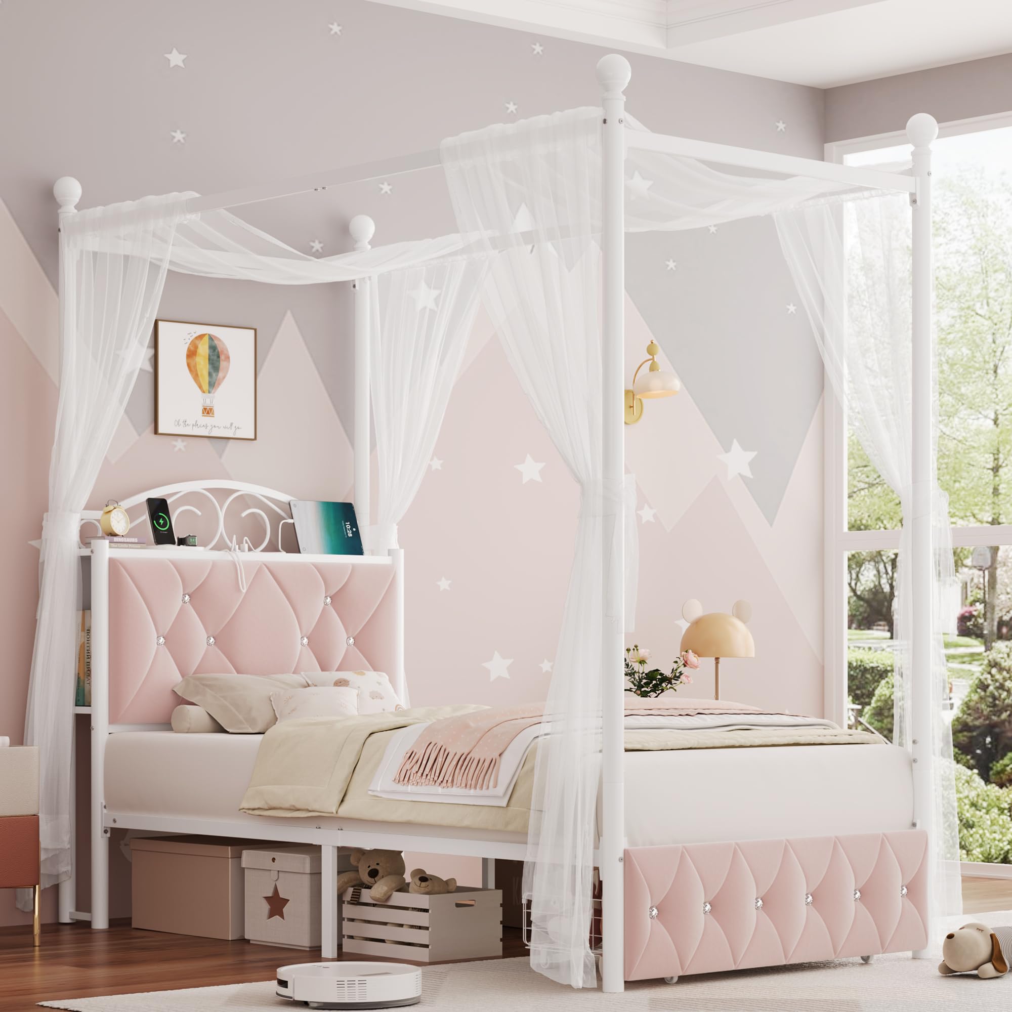 Twin Upholstered Canopy Bed Frame with Drawer & Crystal Tufted Storage Headboard Two-Purpose Metal Platform Bed with 4 Removable