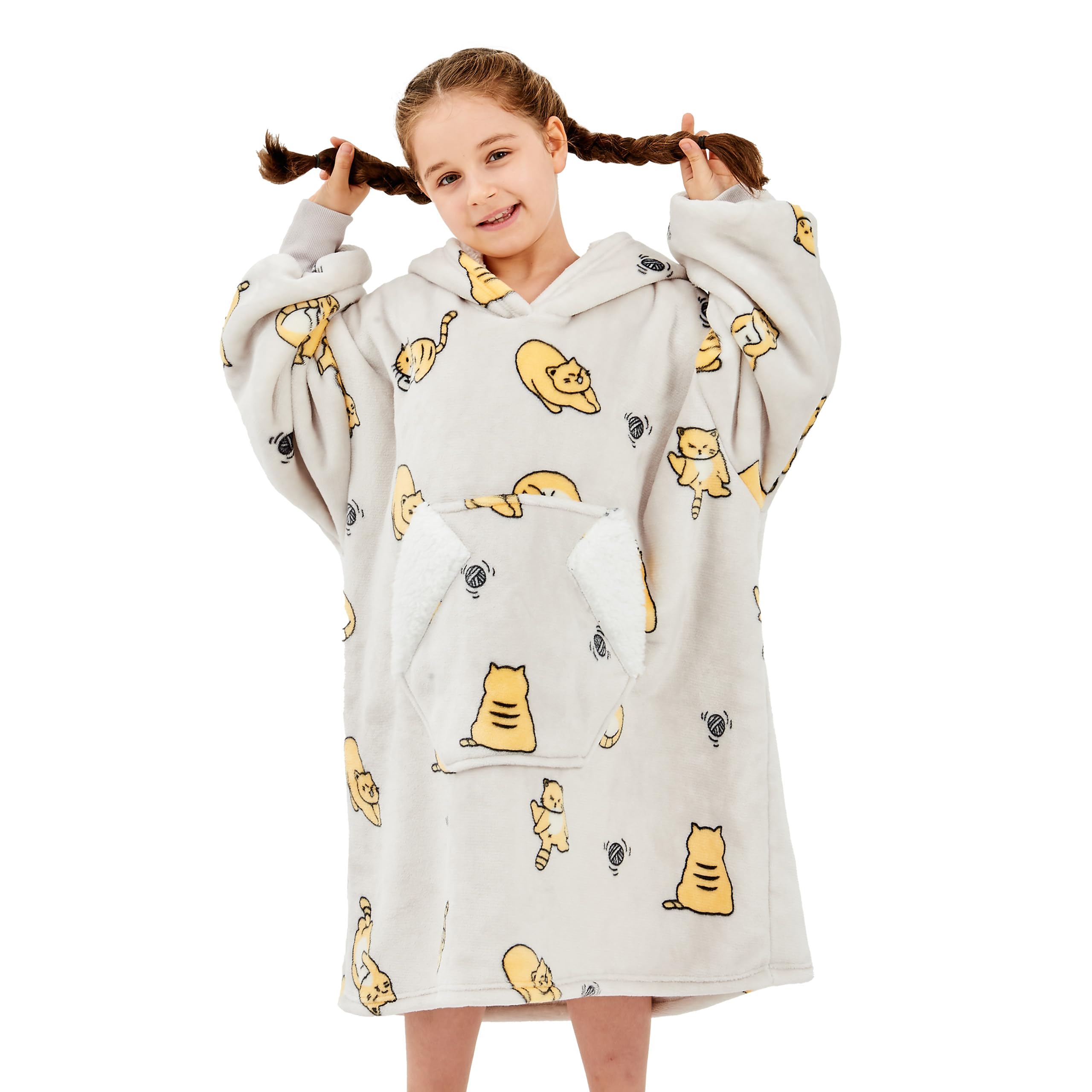 Ramees Wearable Blanket Hoodie For Kids, Sherpa Oversized Sweatshirt Blanket Flannel With Hood Pocket And Sleeves (Cat)